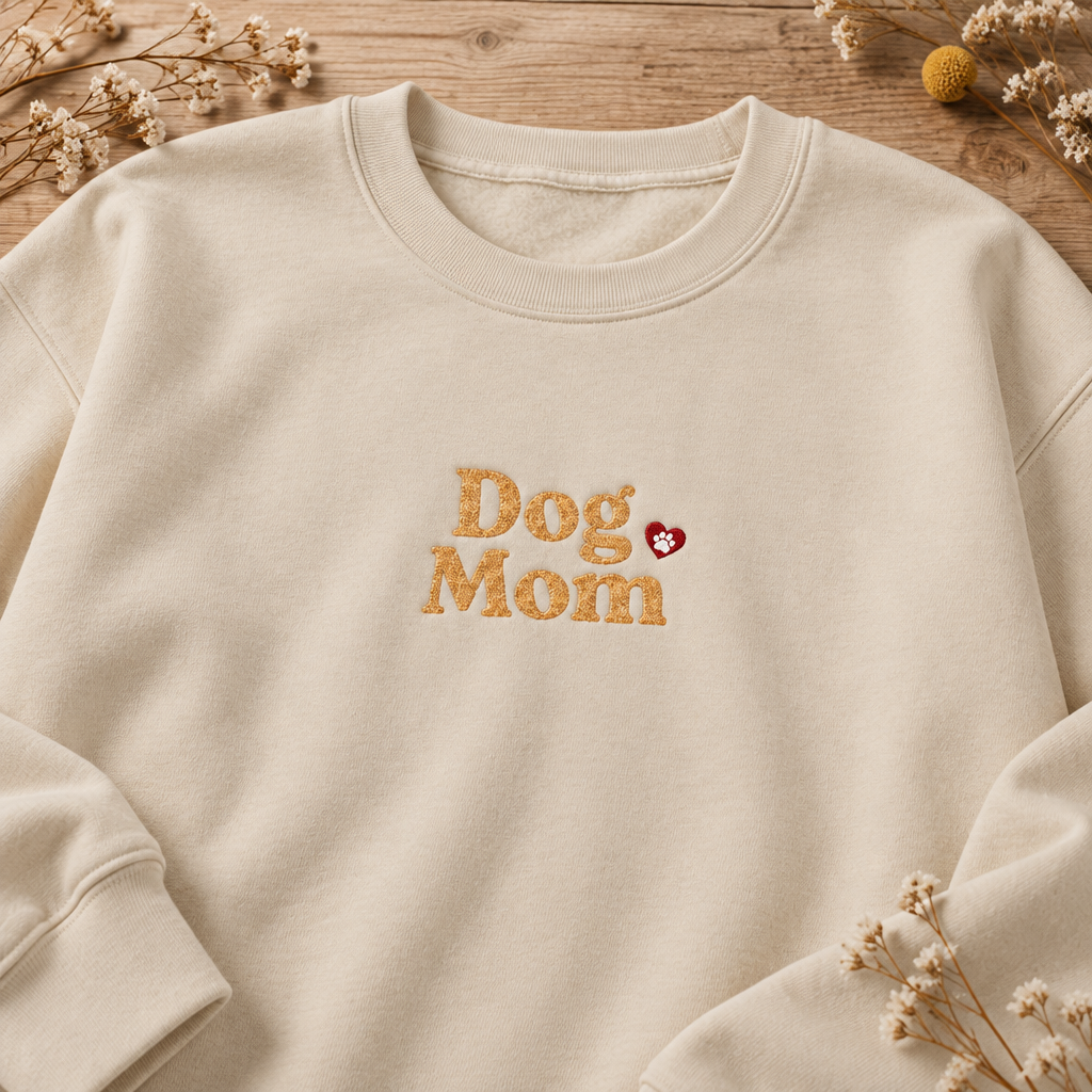 Dog Mom Embroidered Crewneck Sweatshirt with Paw Print Heart Design, Cozy Gift for Dog Moms and Mamas