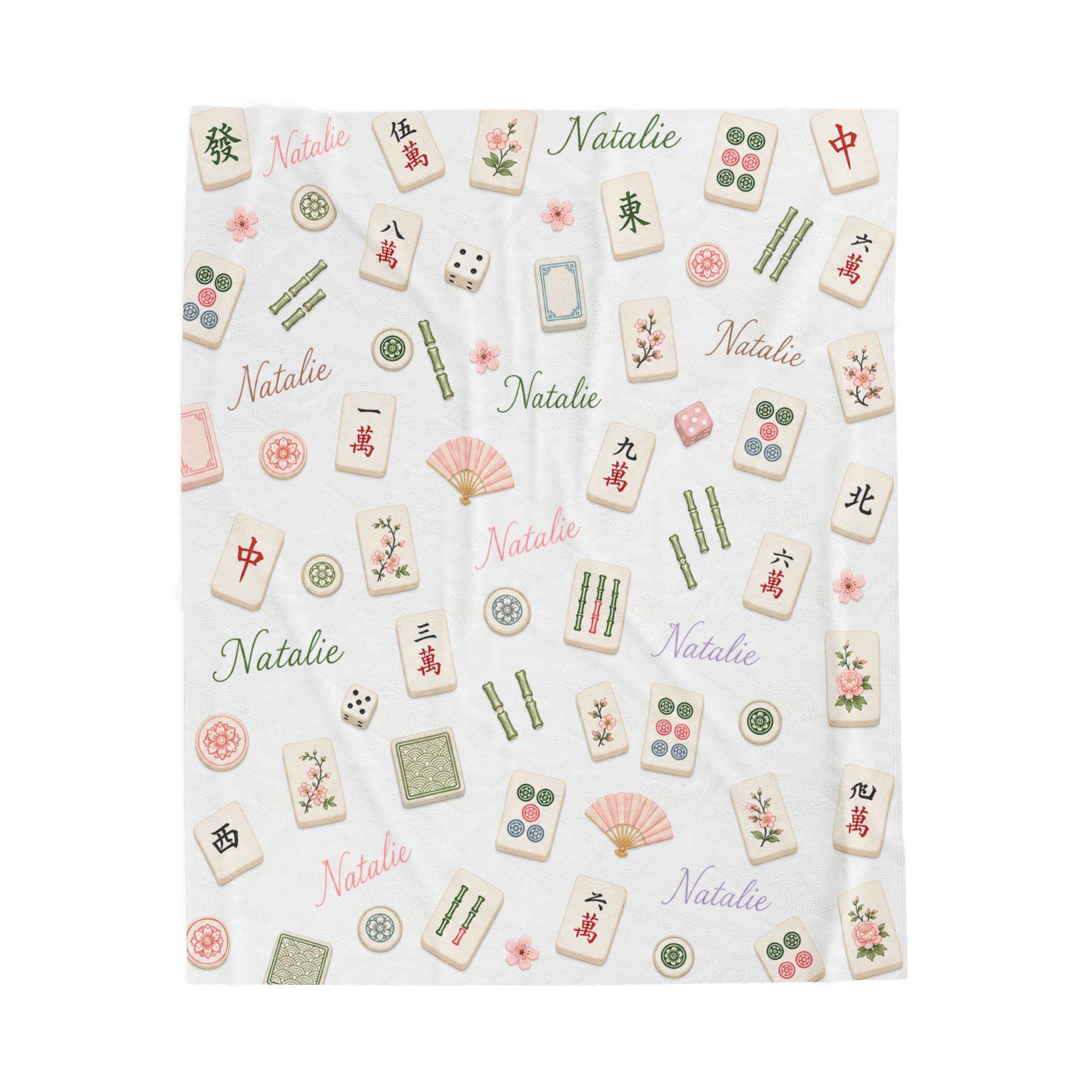 Personalized Mahjong Velveteen Plush Blanket, Female Mahjong Player Name Blanket, Mahjong Lover Gift For Her, Custom Name Blanket Mahjong