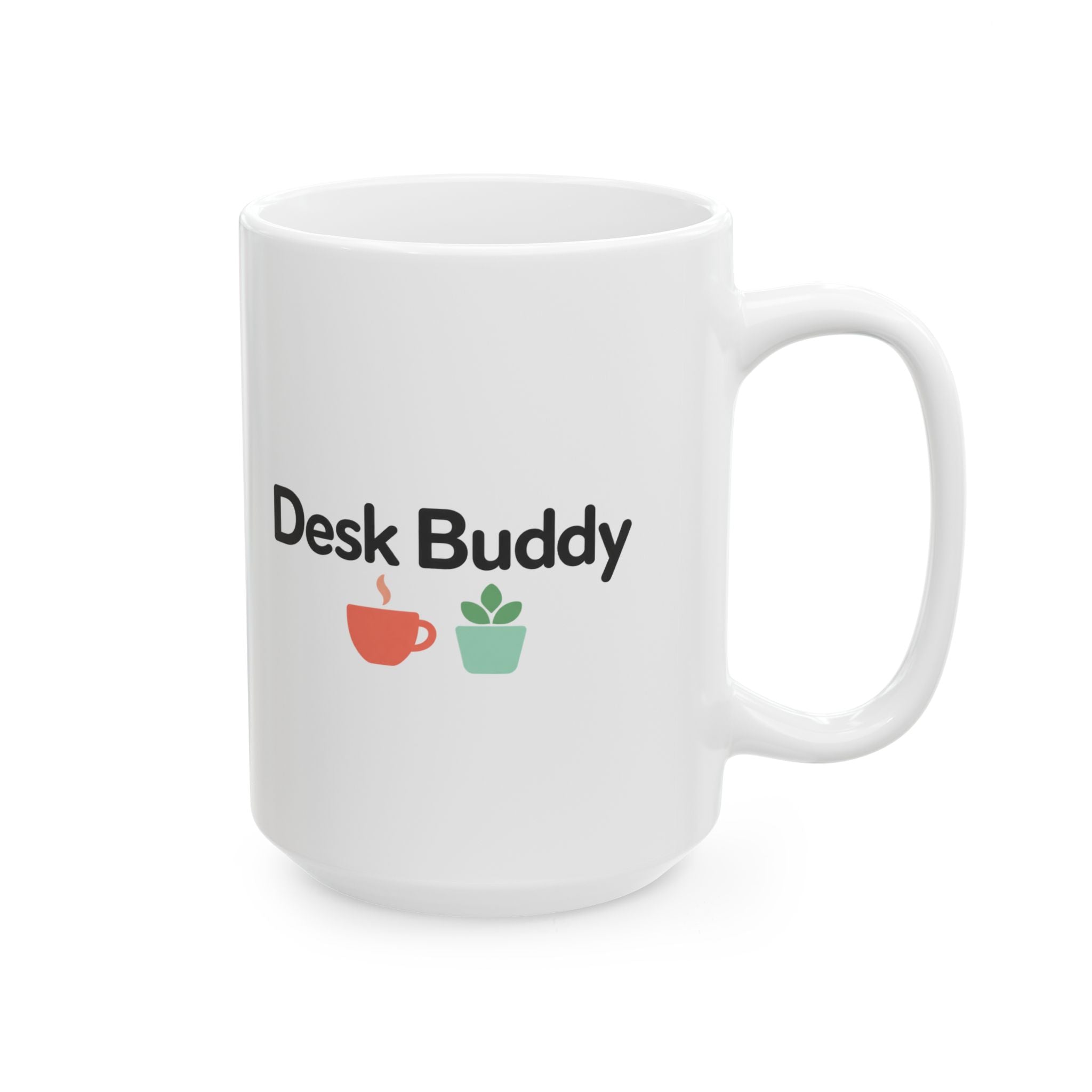 Desk Buddy Coffee Mug, White Ceramic Mug with Coffee Cup and Plant Design, Office Gift Mug for Coworkers