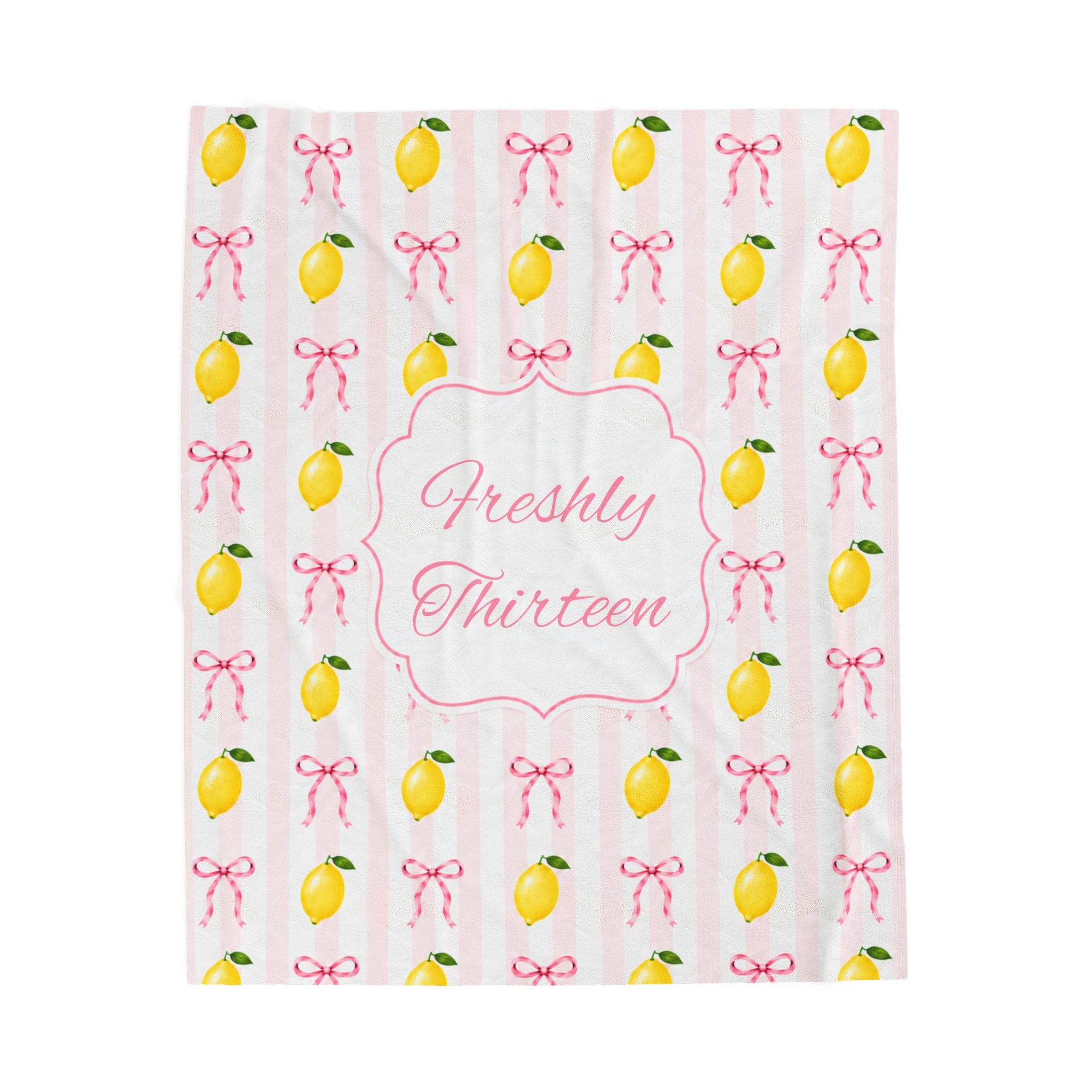Freshly Thirteen Velveteen Plush Blanket | Thirteenth Birthday Lemon Bow Pattern Decor, 13th Birthday Backdrop, Officially A Teen Gift Idea