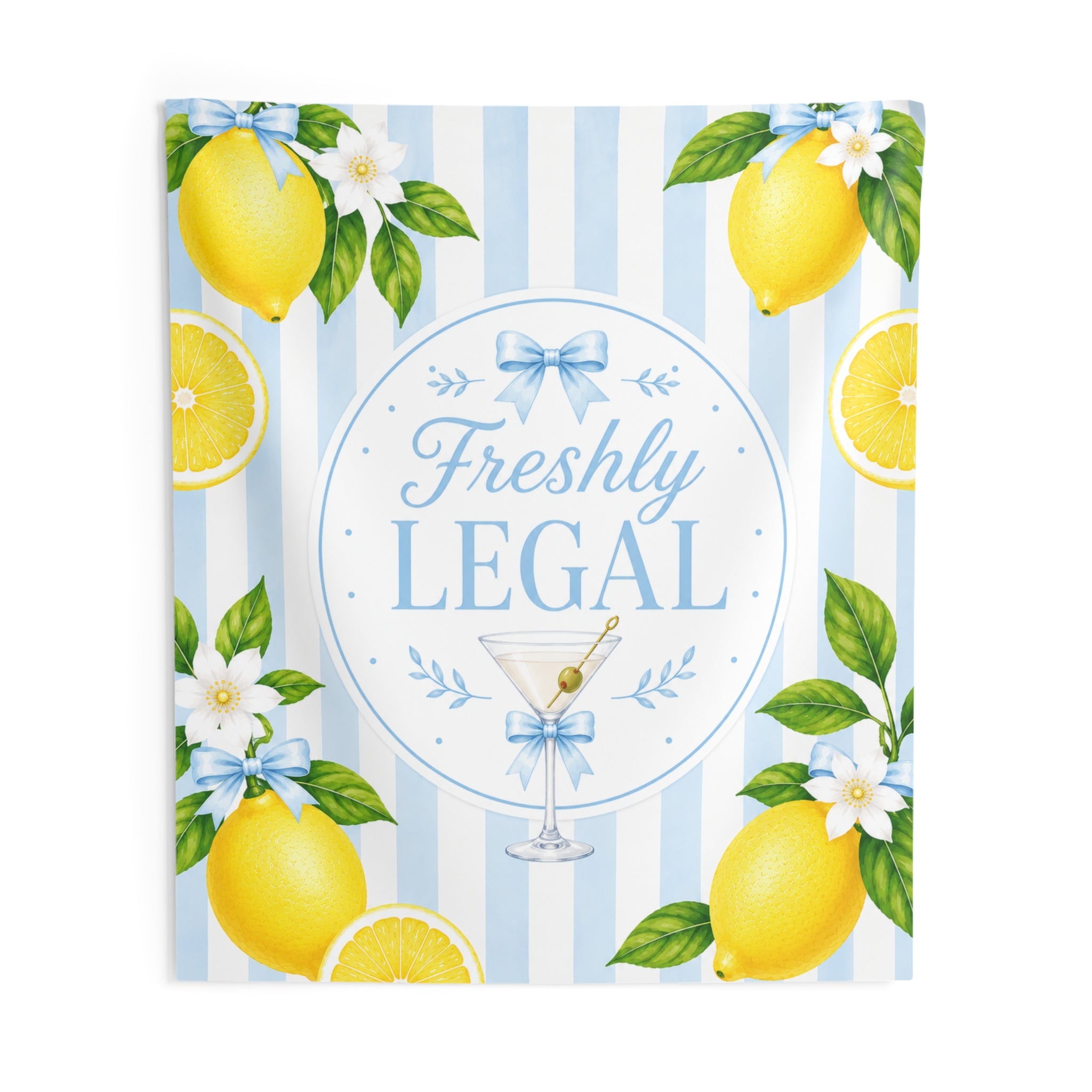 Freshly Legal Lemon Martini Indoor Wall Tapestry | Blue Stripes, Citrus Decor