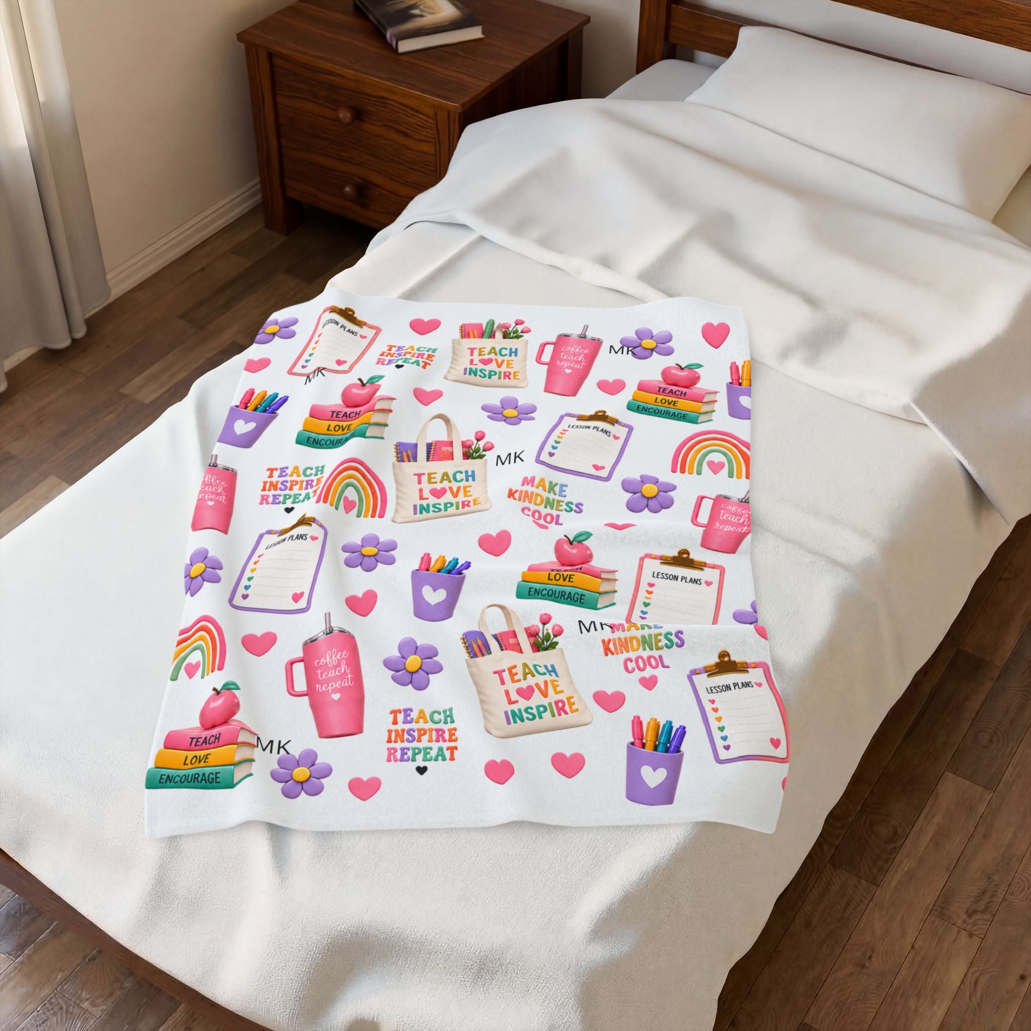 Teacher Themed Pattern Velveteen Plush Blanket | Teach Love Inspire, Rainbows, School Supplies