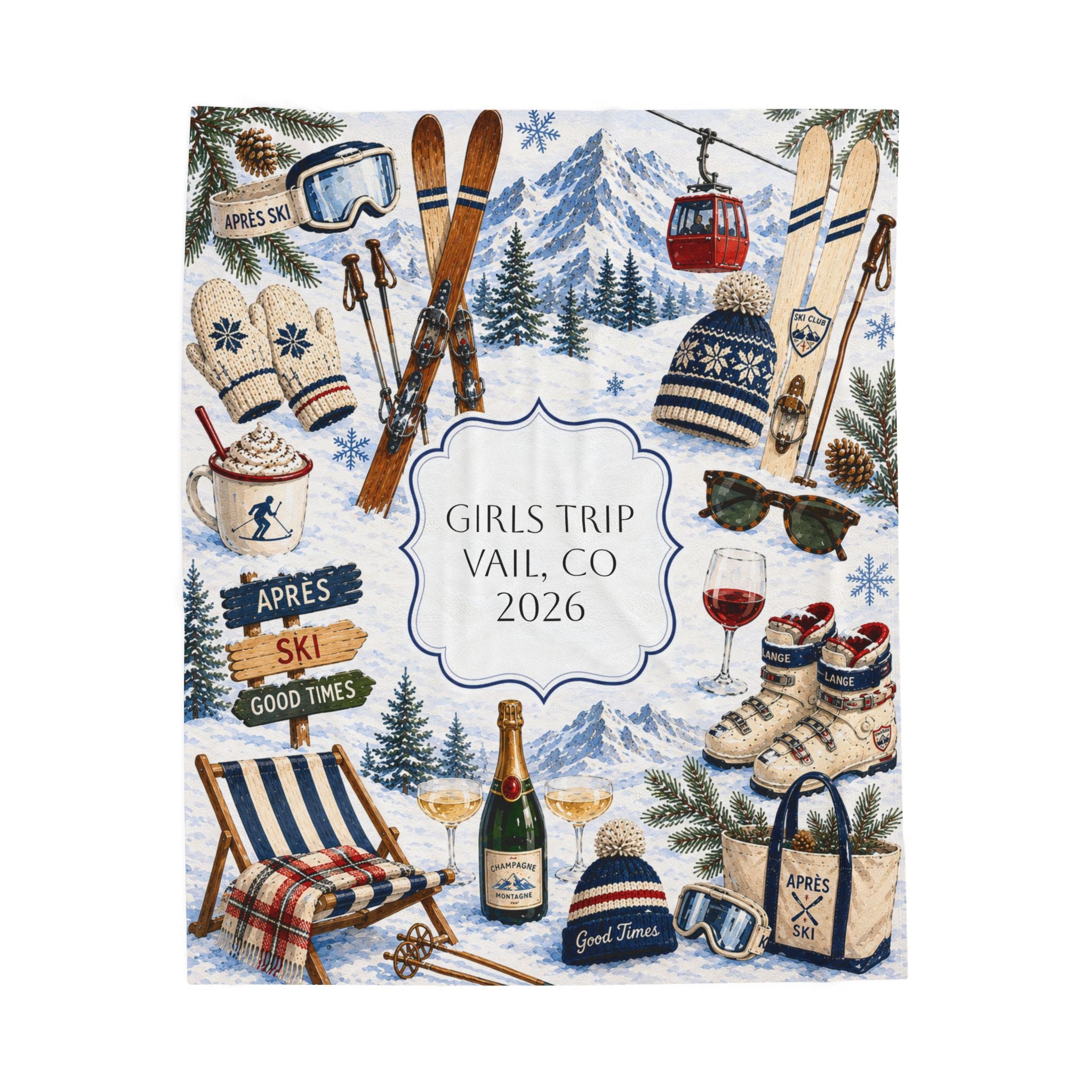 Personalized Snow Ski Velveteen Blanket, Custom Lodge Collage Cozy Blanket, Matching Skiing Girls Trip Blanket, Custom Family Ski Trip Gift