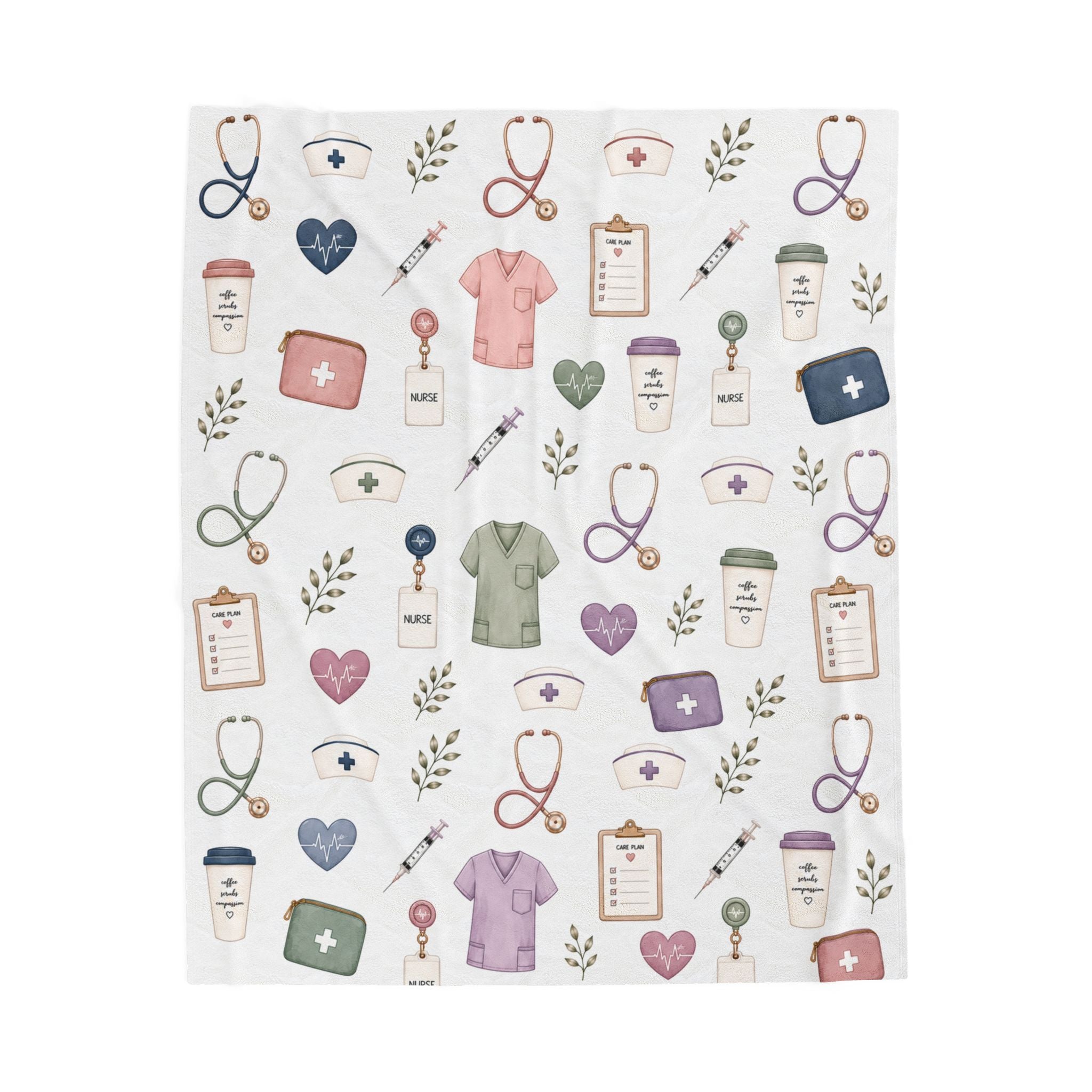 Cute Nurse Pattern Velveteen Plush Blanket | Medical Scrubs, Stethoscopes, Syringes