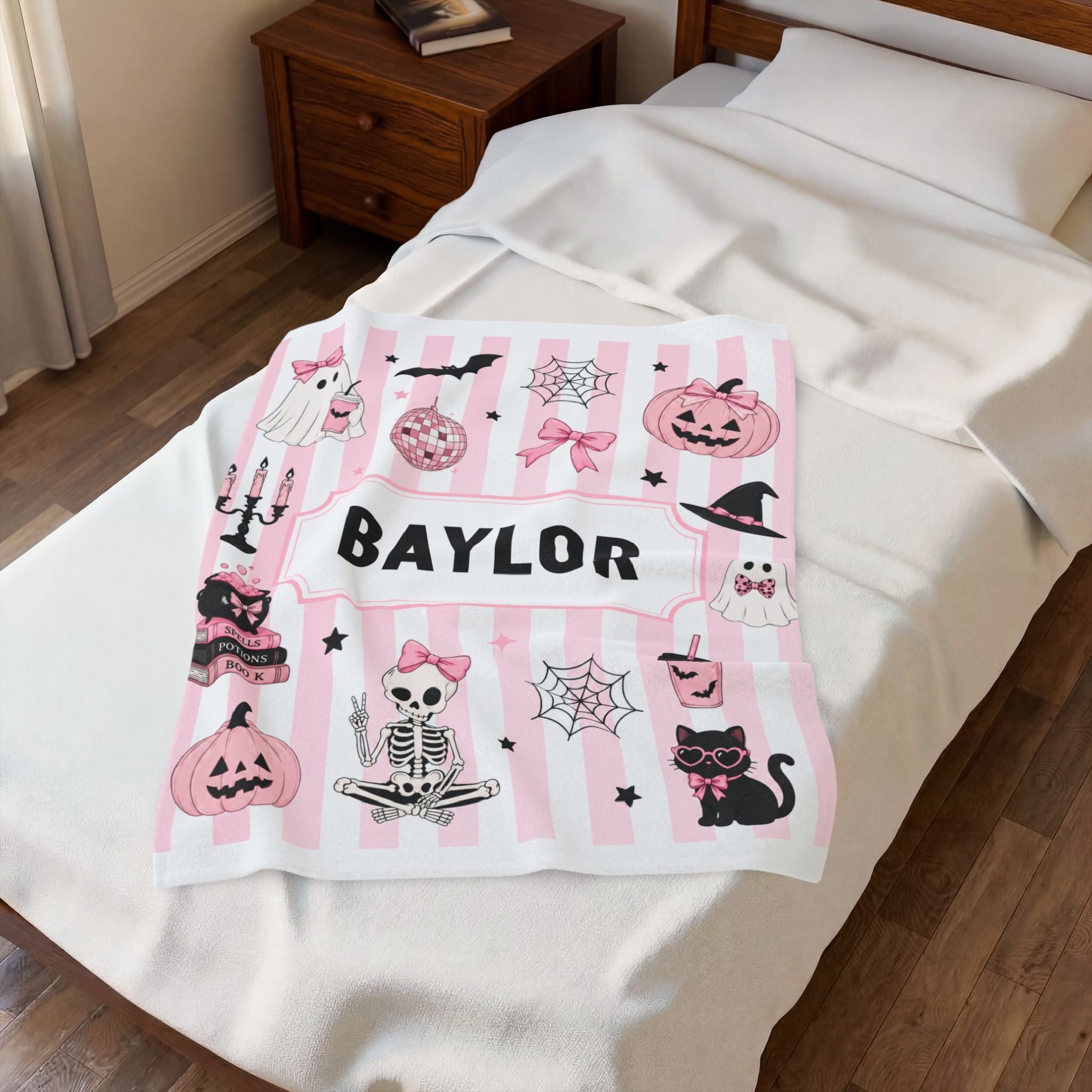 Personalized Pink Stripe Halloween Velveteen Plush Blanket, Custom Name Halloween Blanket For Girl, Pink Halloween Gift For Teen Girl, Cozy