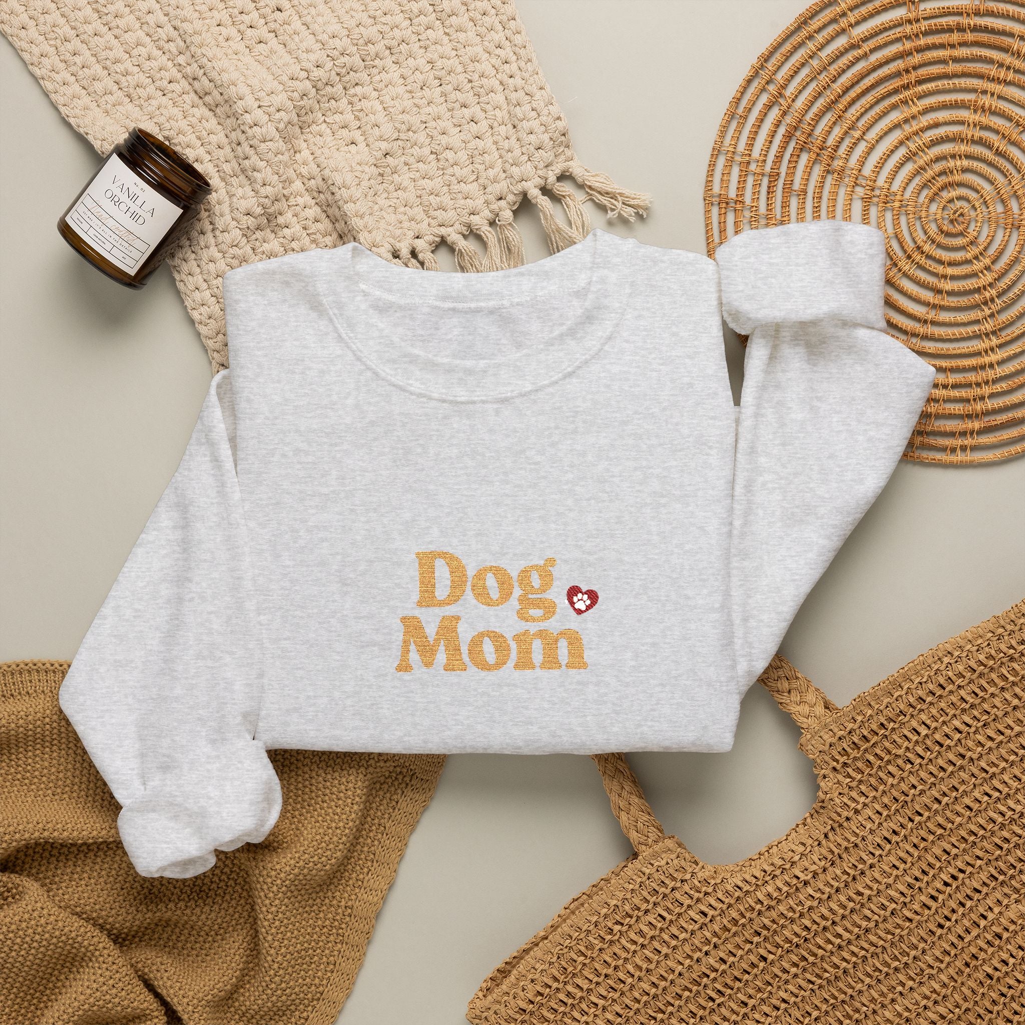Dog Mom Embroidered Crewneck Sweatshirt with Paw Print Heart Design, Cozy Gift for Dog Moms and Mamas