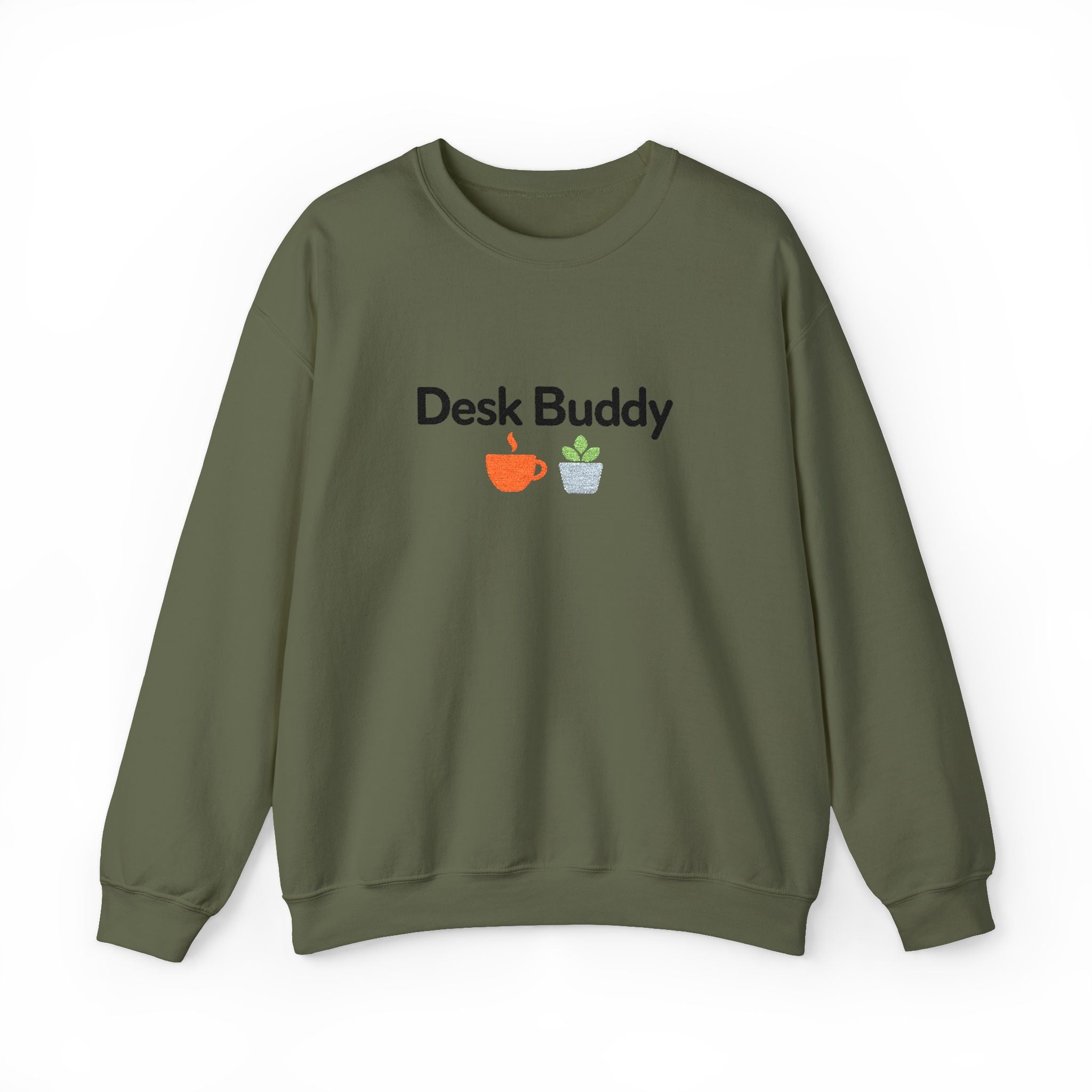 Desk Buddy Embroidered Crewneck Sweatshirt with Coffee Mug and Plant Design, Desk Buddy Gifts for Coworkers