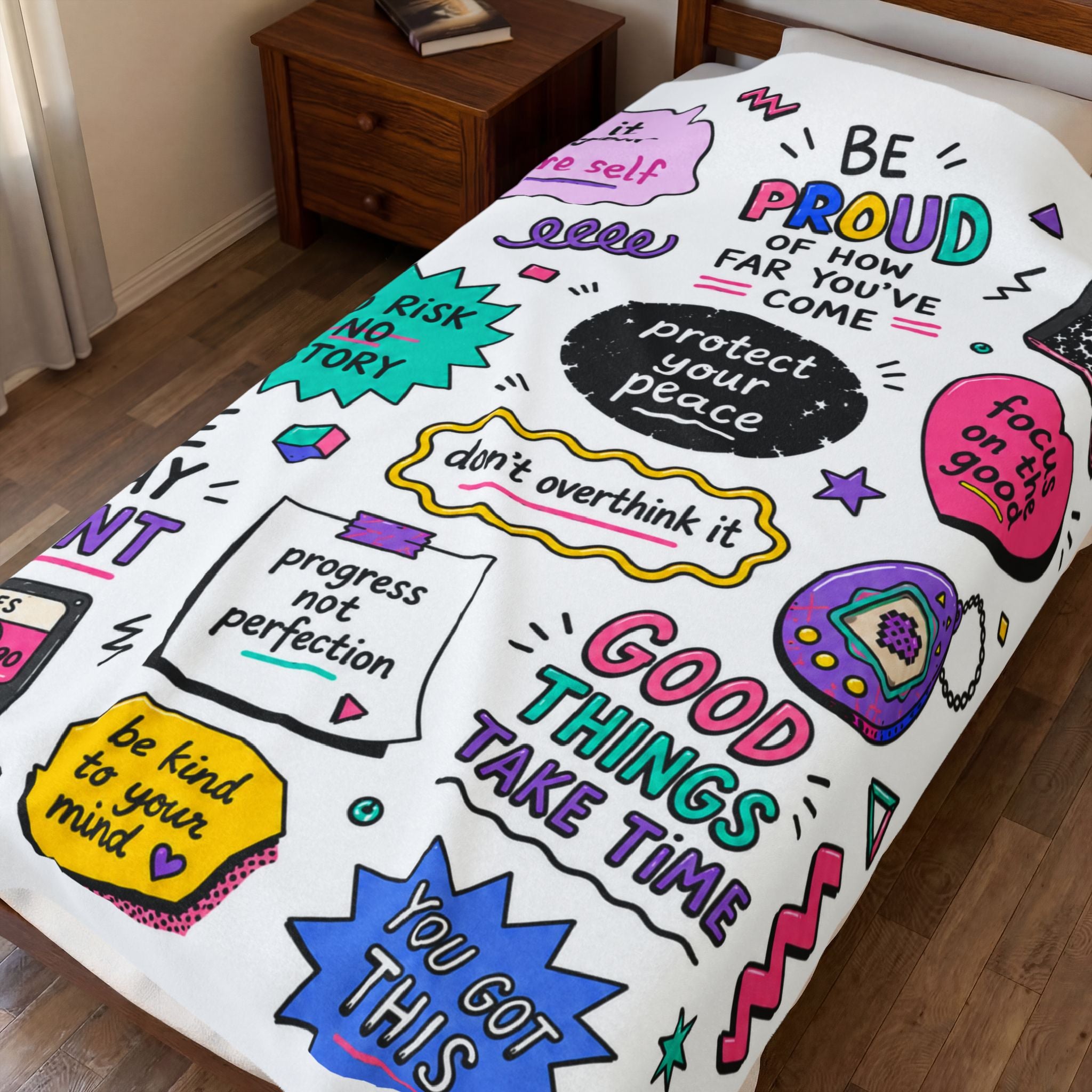 Inspirational Quote Doodle Blanket, 90's Positive Quote Doodle Blanket For College Student, Motivational Quote Cozy Blanket, Dorm Room Decor