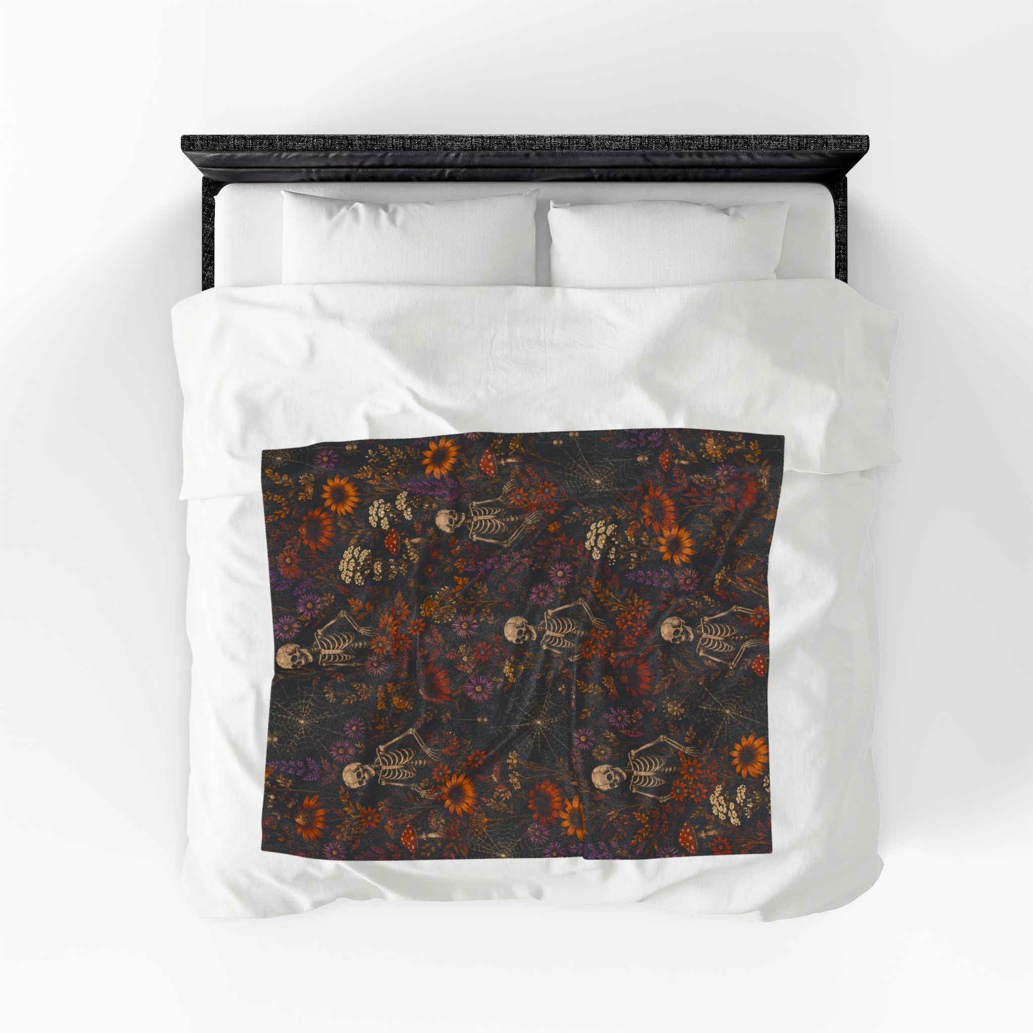 Spooky Autumn Floral Pattern Velveteen Plush Blanket, Spooky Wildflower Blanket, College Dorm Room Halloween Decor, Spooky Fall Room Decor