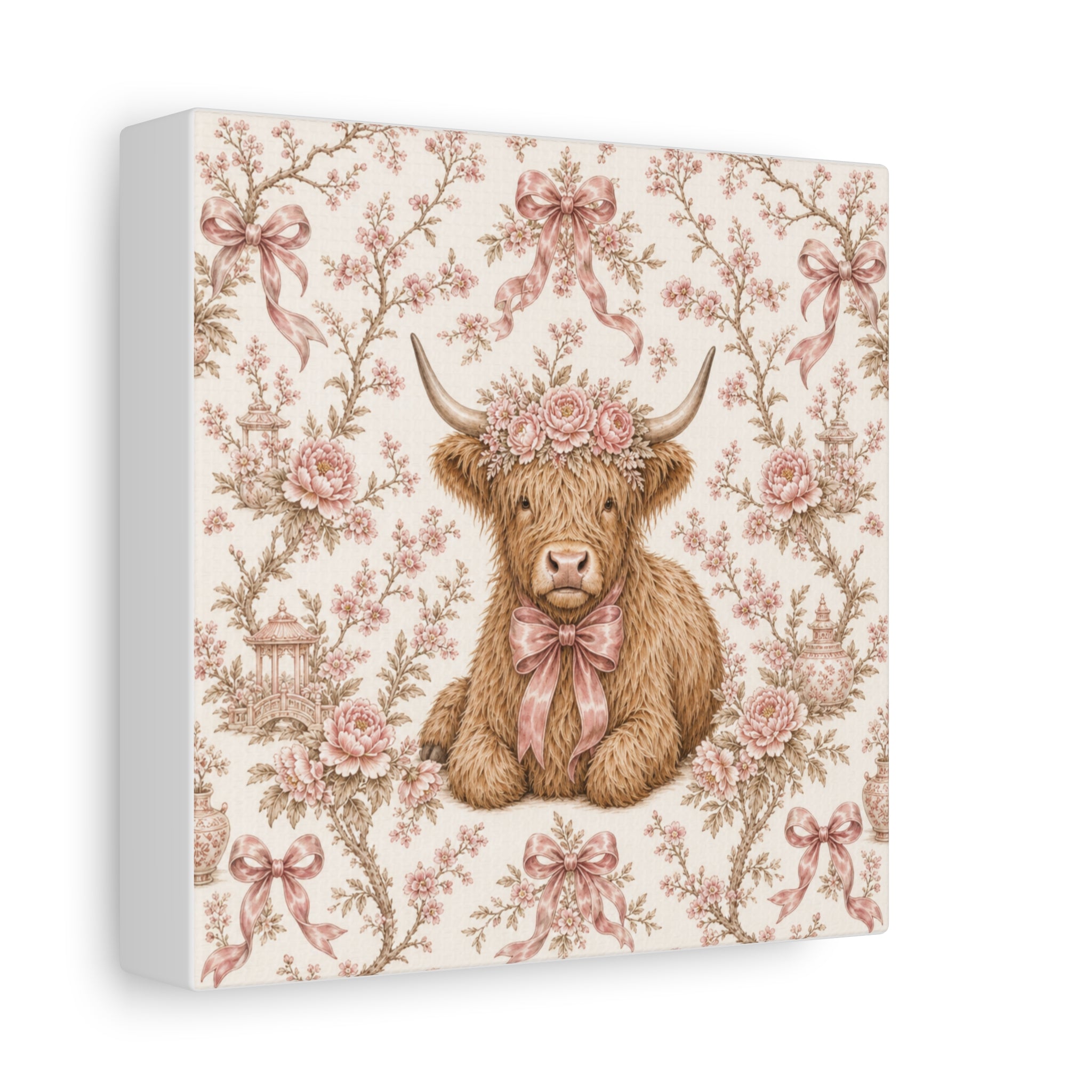 Floral Highland Cow Canvas | Matte Stretched Wall Art
