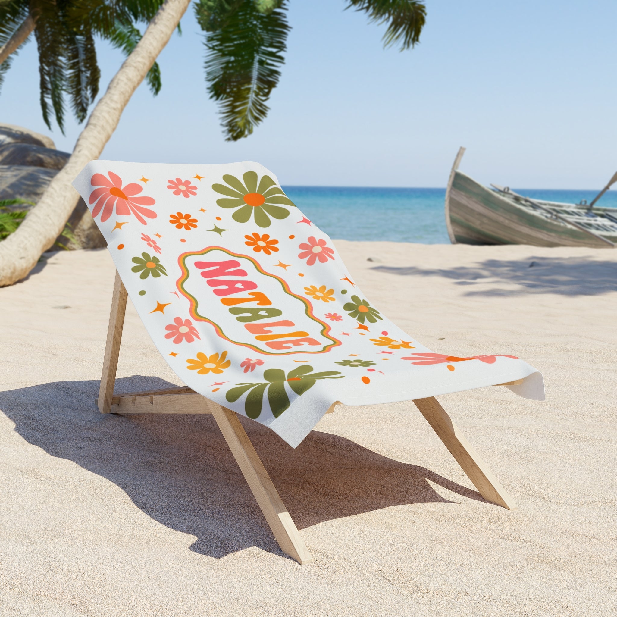 Personalized Retro Floral Beach Towel, Custom Name Groovy Beach Towel, Personalized Groovy Flower Pattern Towel, Personalized Vacation Gift