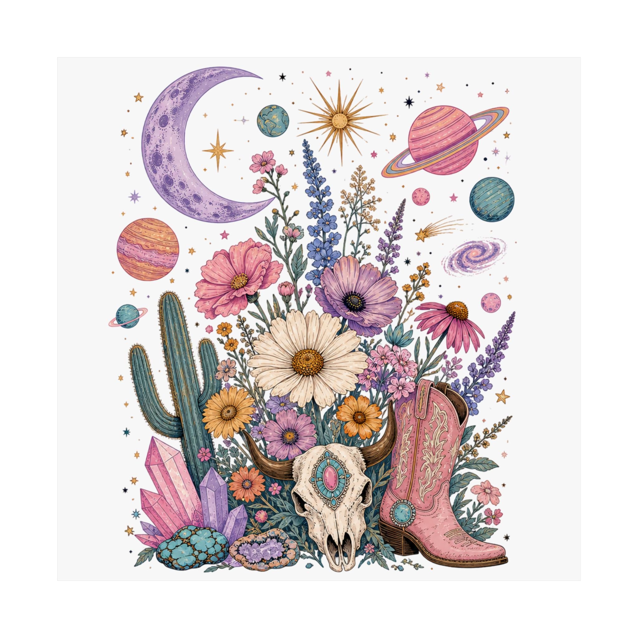 Celestial Wildflower Cow Skull Cowboy Boot Poster | Matte Vertical Poster