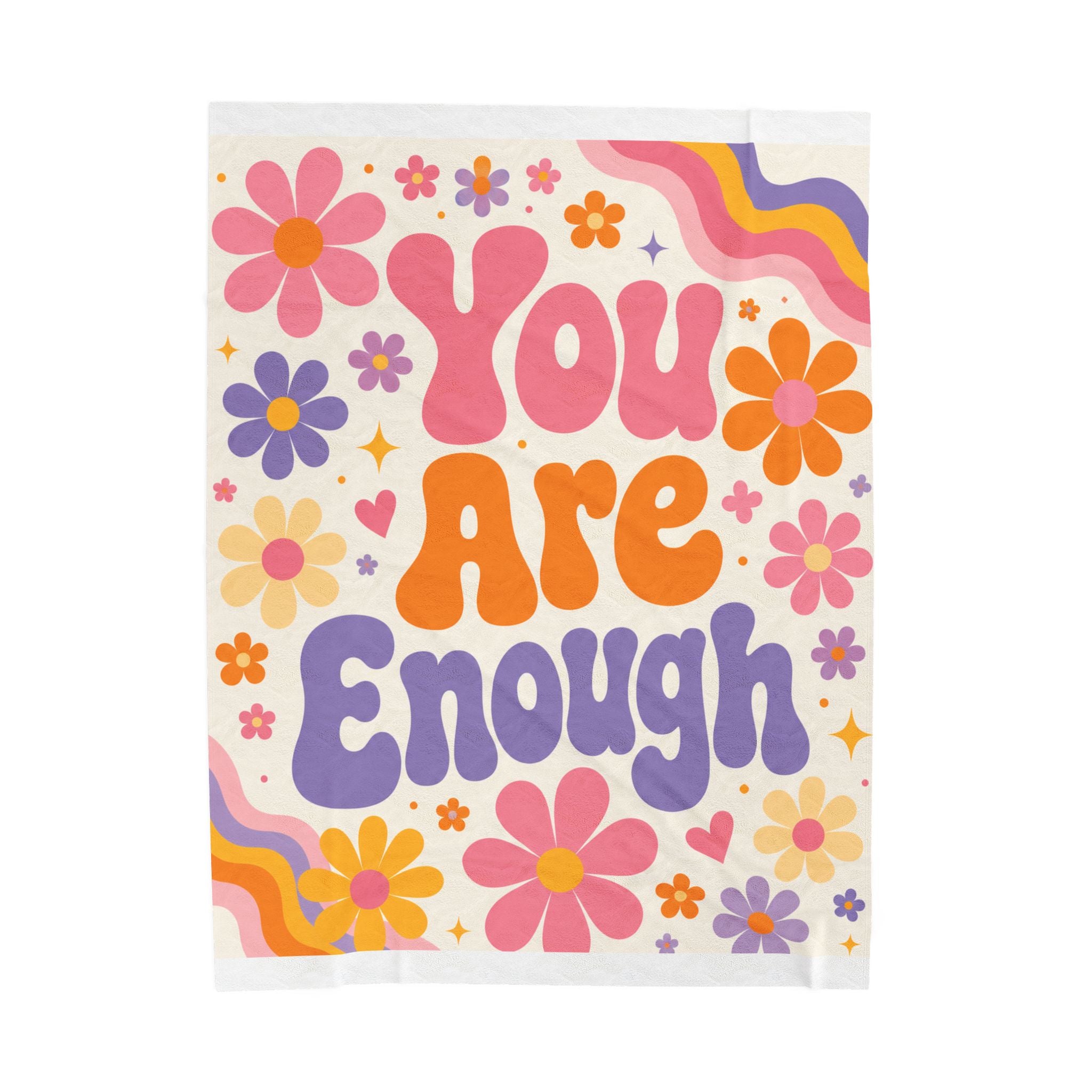 You Are Enough Velveteen Plush Blanket, Retro Flower Positive Quote Blanket, Dopamine Decor Teen Girl Room, College Girl Dorm Decor, Gift