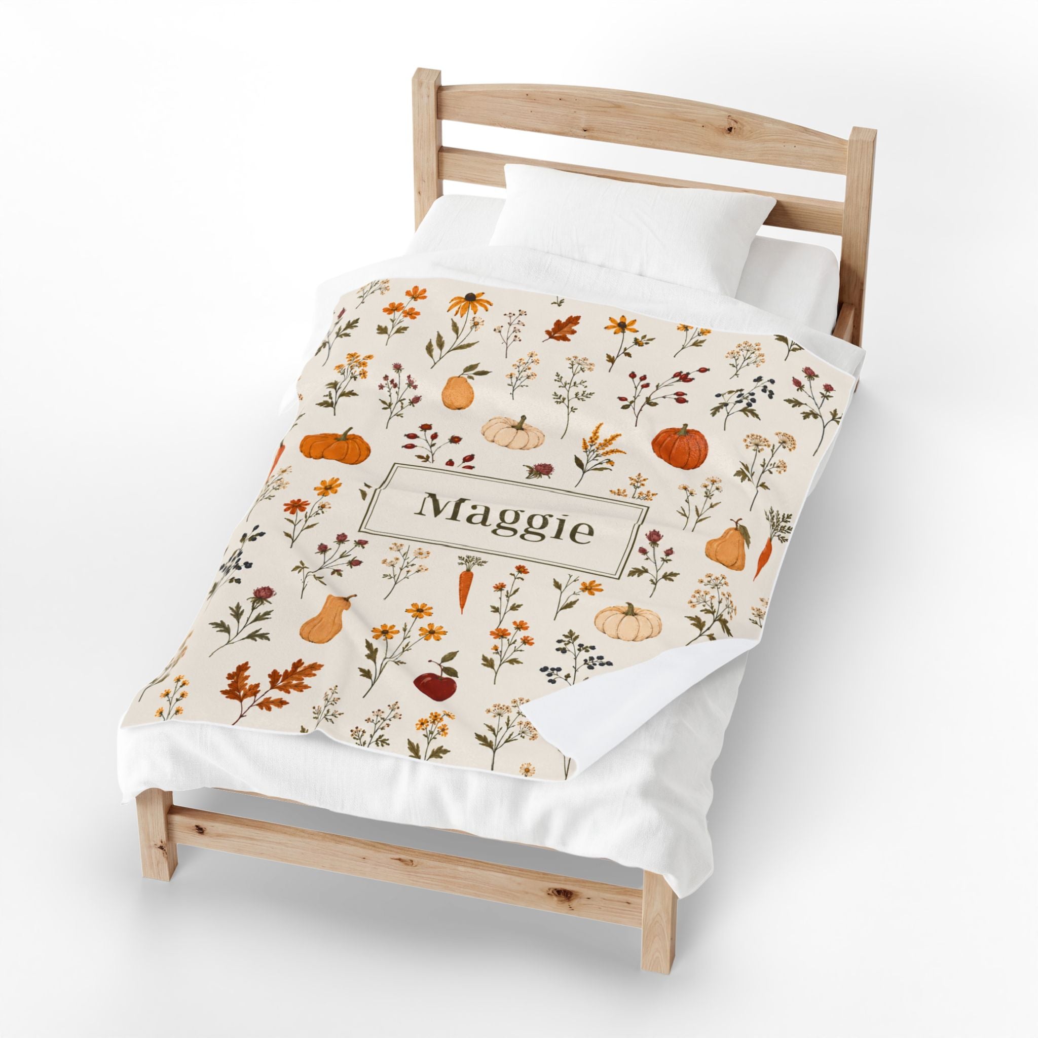 Autumn Harvest Name Plaque Velveteen Plush Blanket | Personalized Fall Pumpkins & Gourds