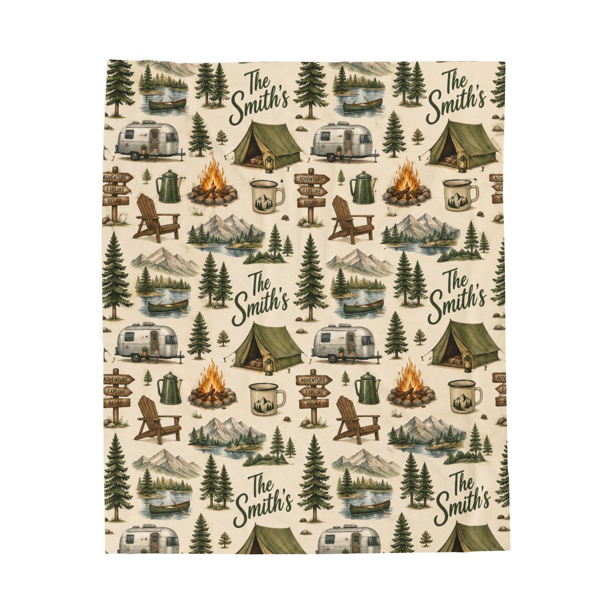 Custom Camping Velveteen Blanket, Personalized Family Camping Blanket, Custom Outdoor Camping Gear, Family Wilderness Gift, Camping Lover