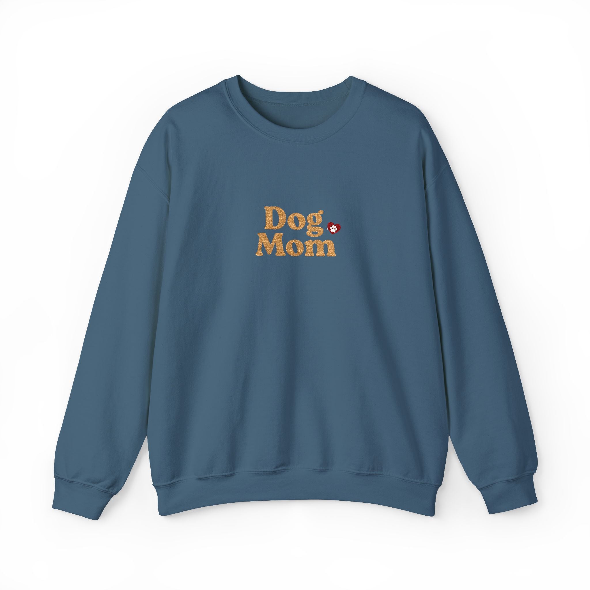 Dog Mom Embroidered Crewneck Sweatshirt with Paw Print Heart Design, Cozy Gift for Dog Moms and Mamas