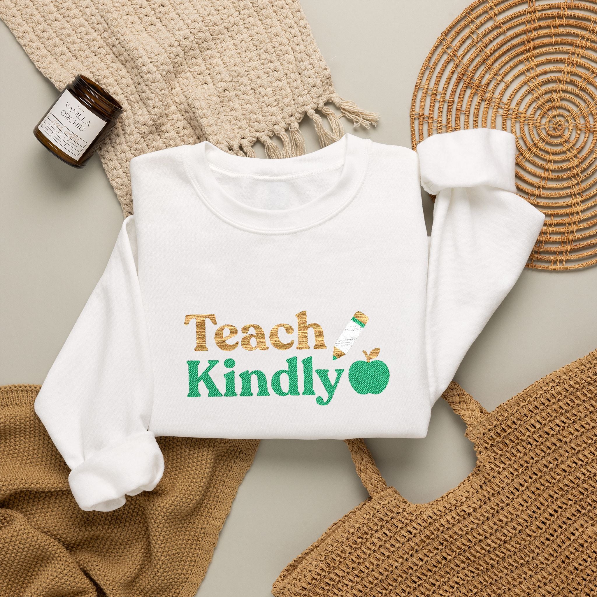 Embroidered Teacher Crewneck Sweatshirt with Teach Kindly Pencil and Apple Design for Teacher Appreciation