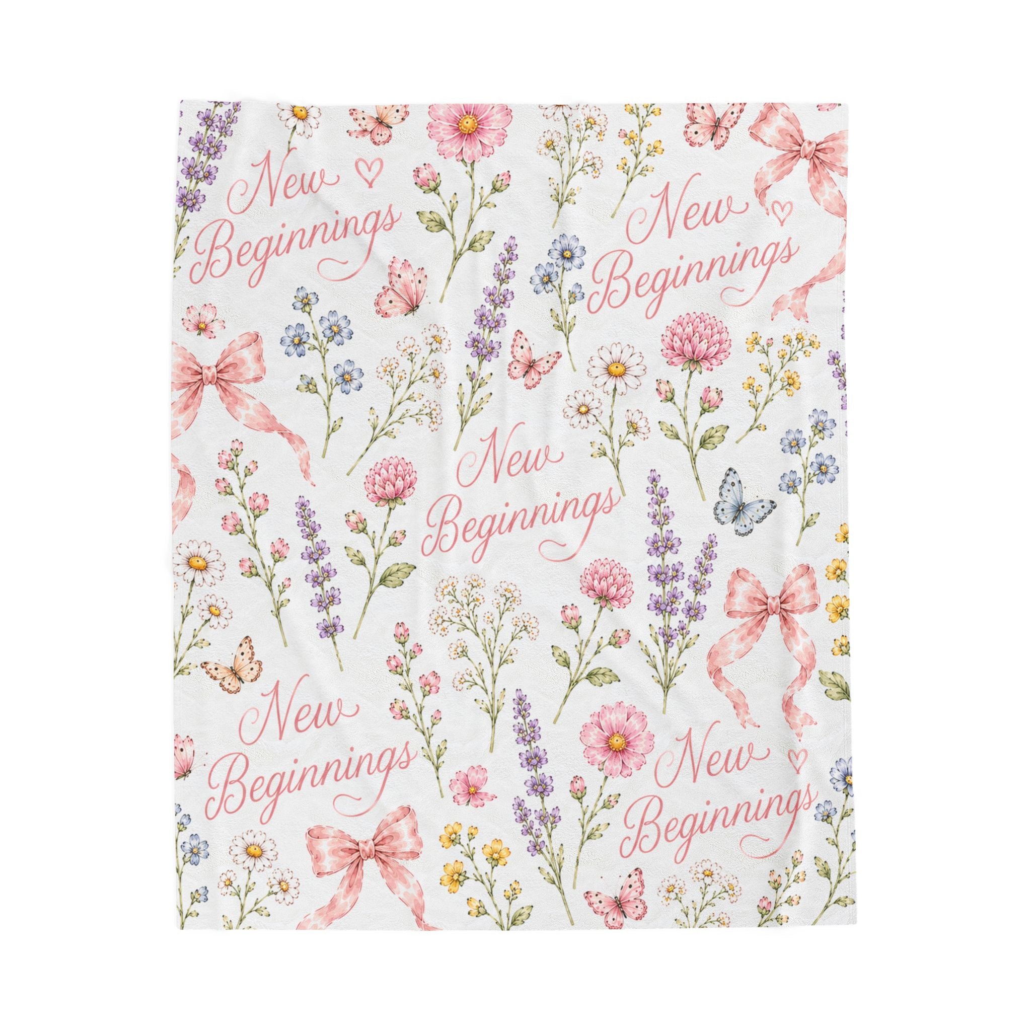 New Beginnings Floral Pattern Velveteen Plush Blanket | Pastel Flowers, Bows & Butterflies