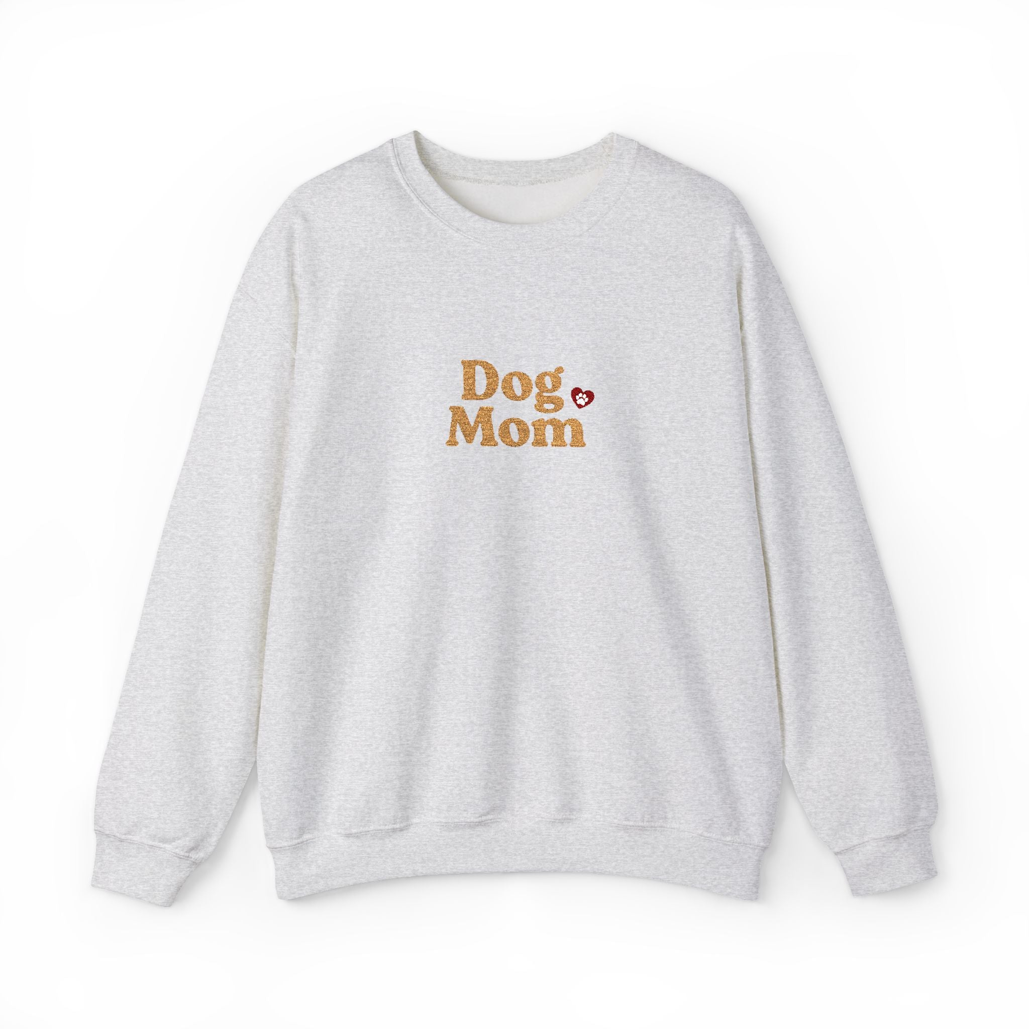 Dog Mom Embroidered Crewneck Sweatshirt with Paw Print Heart Design, Cozy Gift for Dog Moms and Mamas