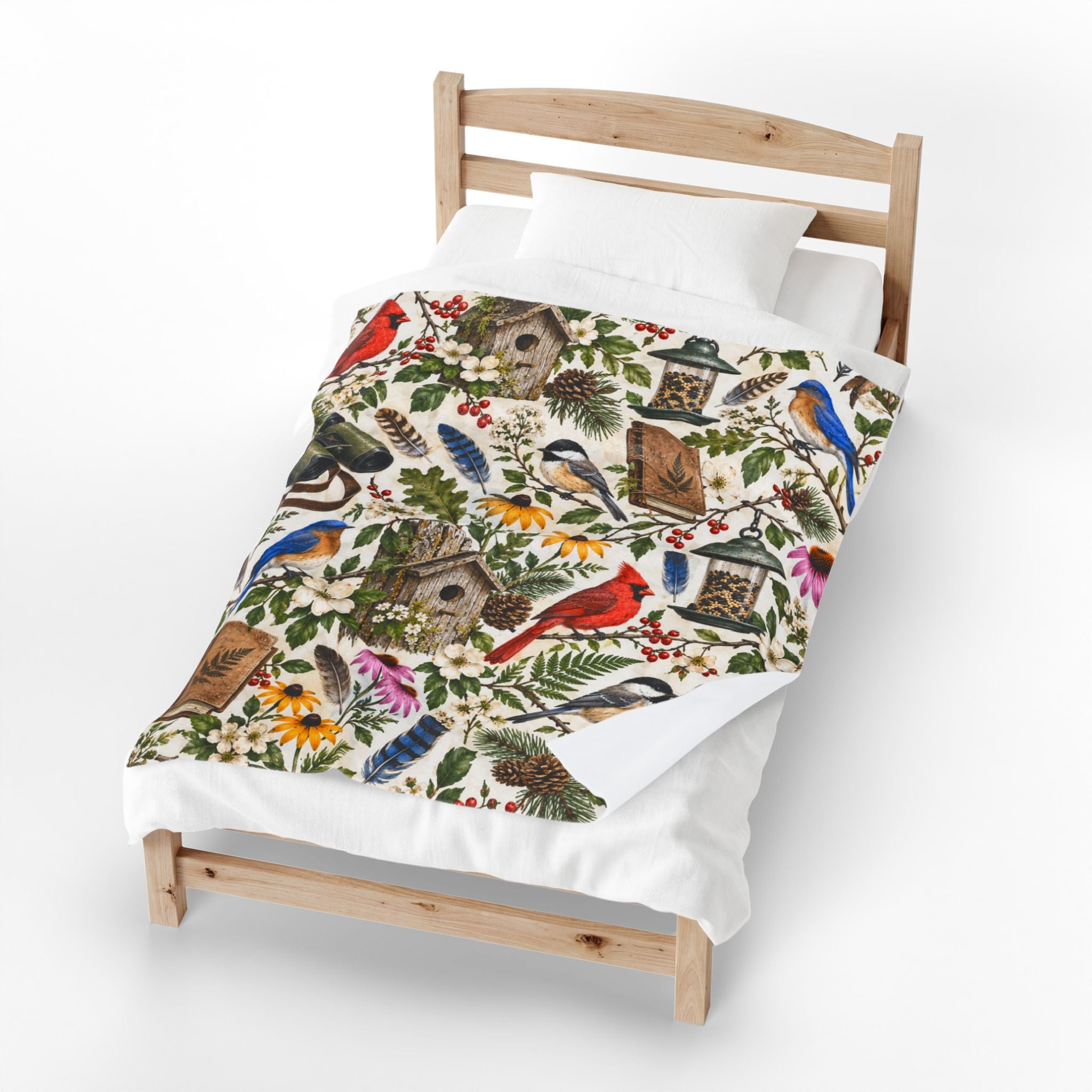 Birdwatching Garden Birds, Birdhouses and Flowers Velveteen Plush Blanket