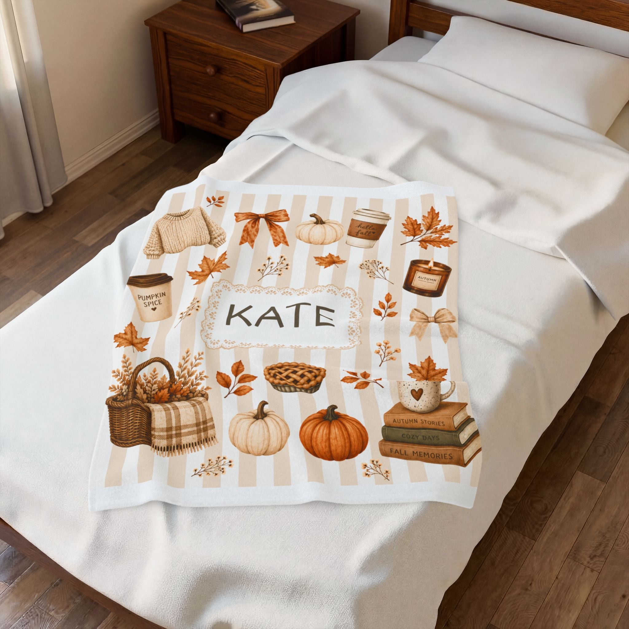 Personalized Autumn Dorm Blanet For College Girl, Custom Name Cozy Velveteen Blanket For Her, Aesthetic Fall Pumpkin Cozy Blanket, Dorm Gift