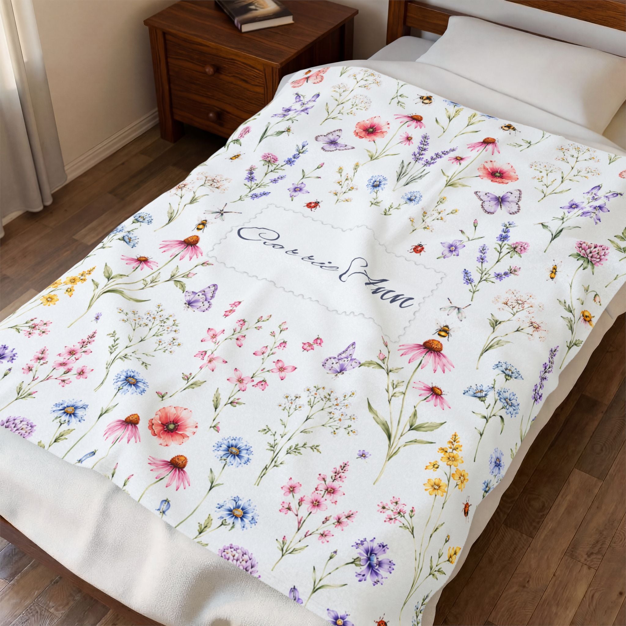 Personalized Watercolor Wildflower Butterfly Velveteen Plush Blanket, Personalized Name Blanket For Her, Custom Pastel Floral Blanket, Gift