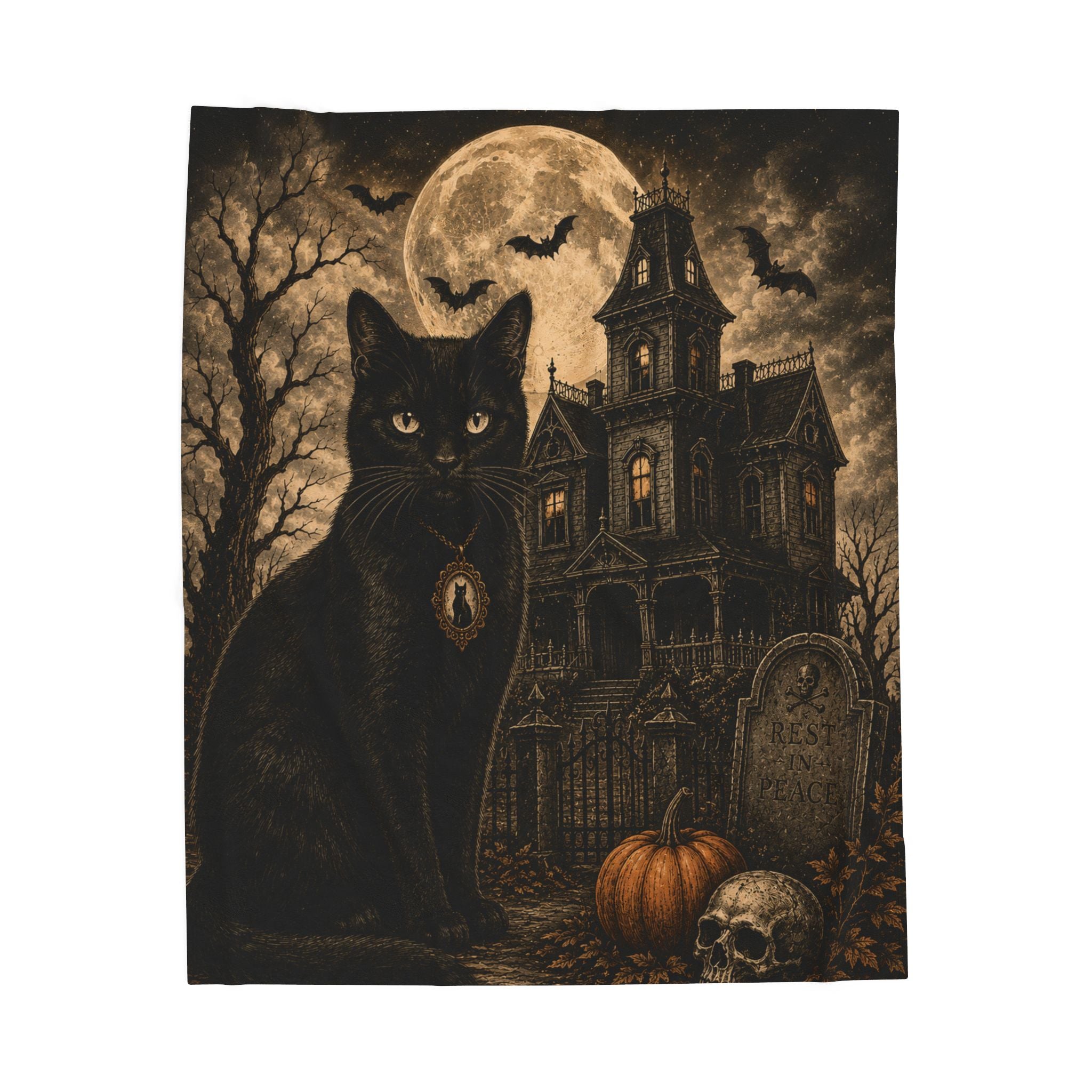 Black Cat Haunted House Velveteen Plush Blanket, Spooky Black Cat Blanket, Cozy Halloween Blanket, Spooky Season Decor, Halloween Gift Idea