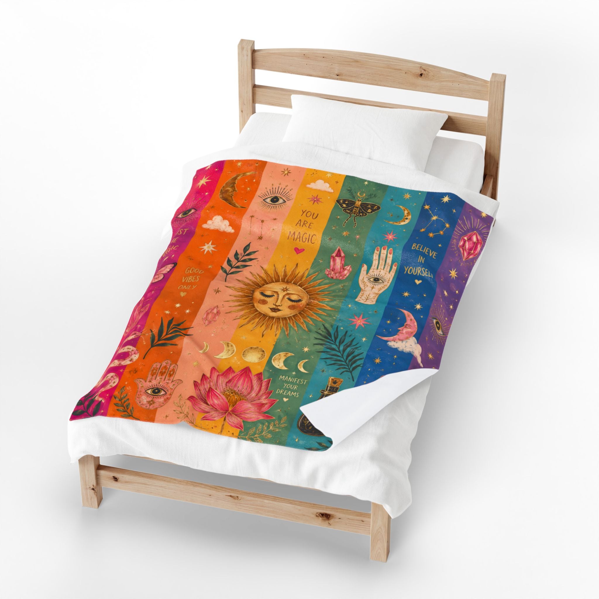 Mystical Sun & Moon Rainbow Stripes Velveteen Plush Blanket | Boho Celestial Illustration