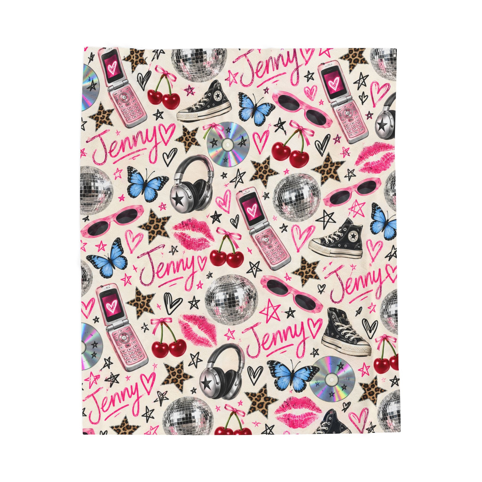 Retro 90s Doodle Pattern Velveteen Plush Blanket | Y2K Indie Aesthetic Decor For Girl