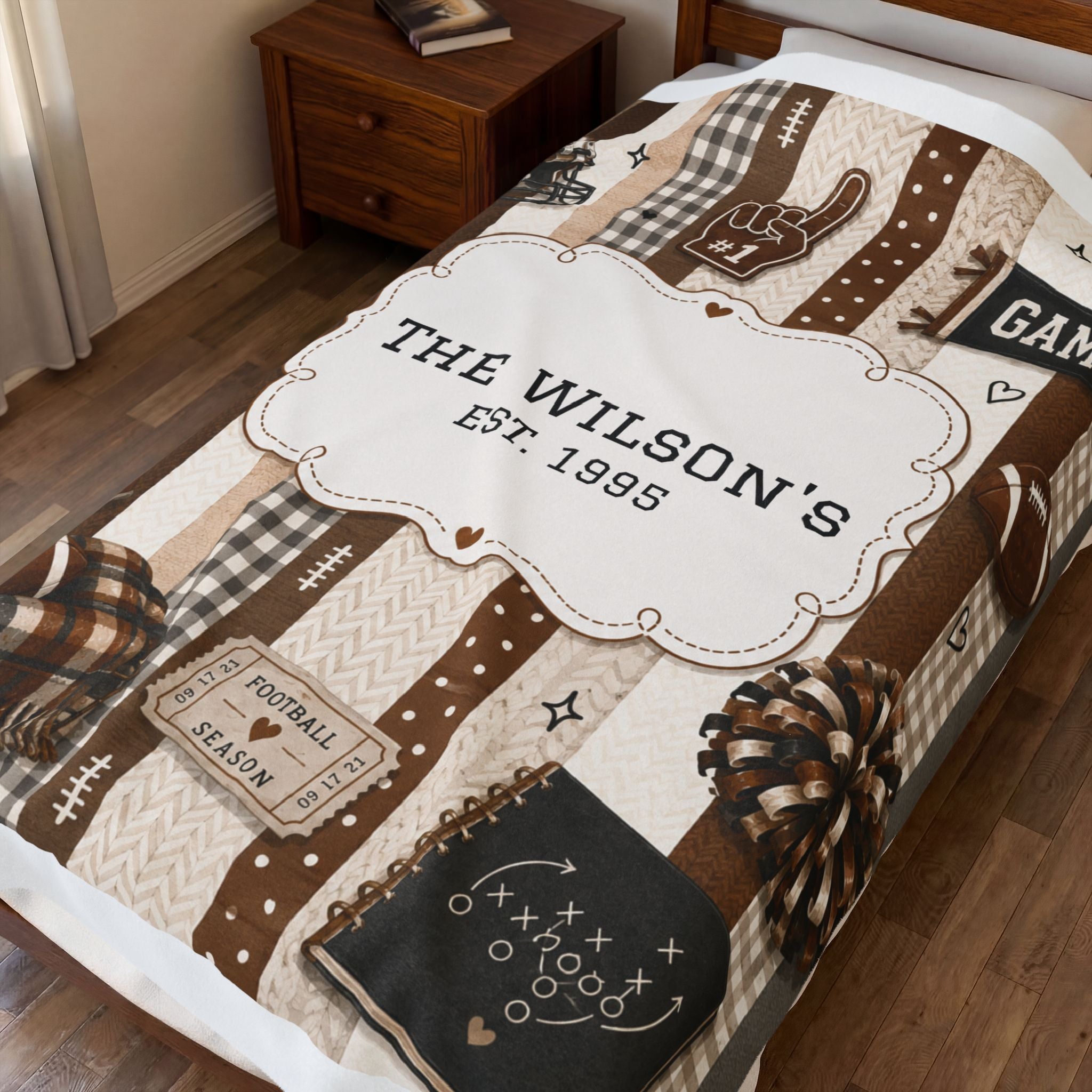 Personalized Football Family Name Plush Blanket, Custom Name Game Day Decor, Striped Football Tailgating Blanket, Football Lover Gift Idea