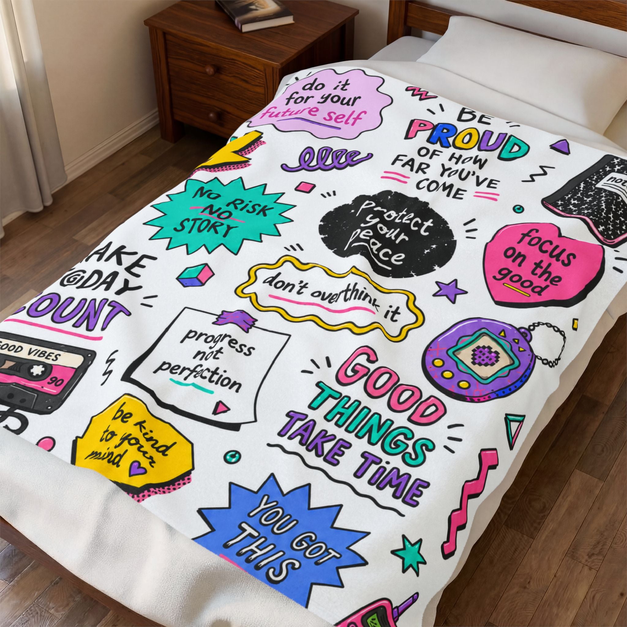 Inspirational Quote Doodle Blanket, 90's Positive Quote Doodle Blanket For College Student, Motivational Quote Cozy Blanket, Dorm Room Decor