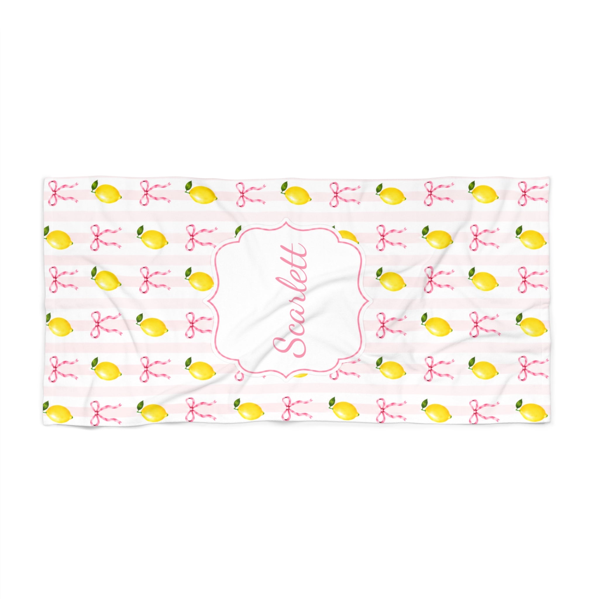 Personalized Lemon Coquette Pattern Beach Towel For Female, Custom Name Lemon And Pink Beach Towel, Lemon Theme Party Favor Gift, Pool Party