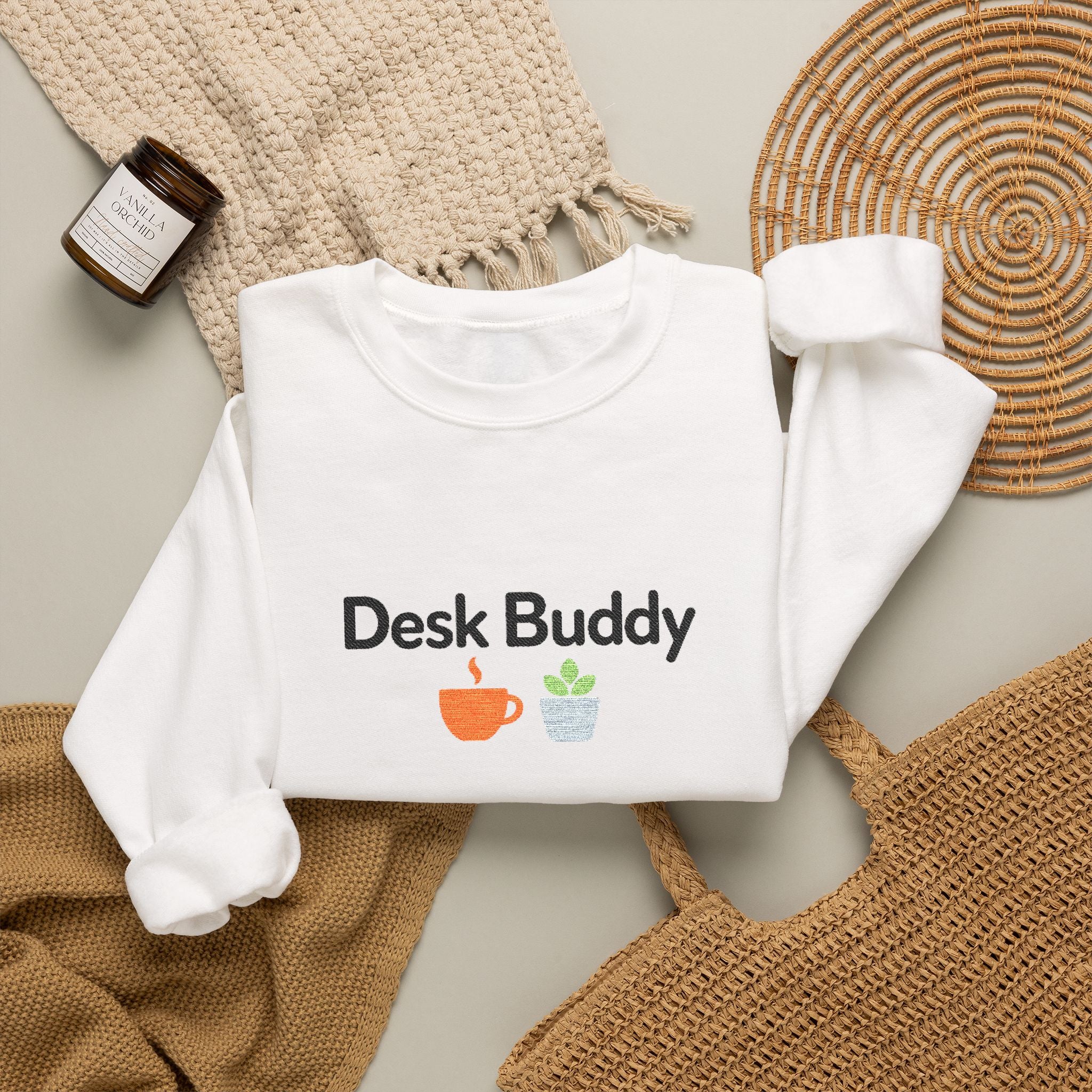 Desk Buddy Embroidered Crewneck Sweatshirt with Coffee Mug and Plant Design, Desk Buddy Gifts for Coworkers