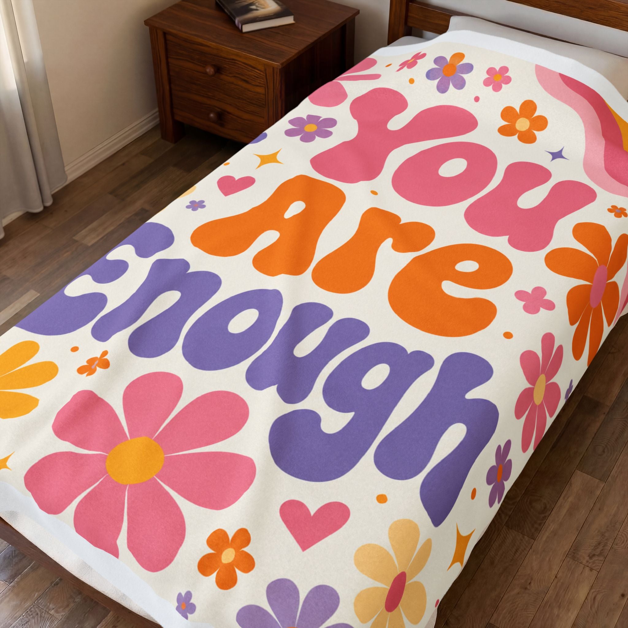 You Are Enough Velveteen Plush Blanket, Retro Flower Positive Quote Blanket, Dopamine Decor Teen Girl Room, College Girl Dorm Decor, Gift