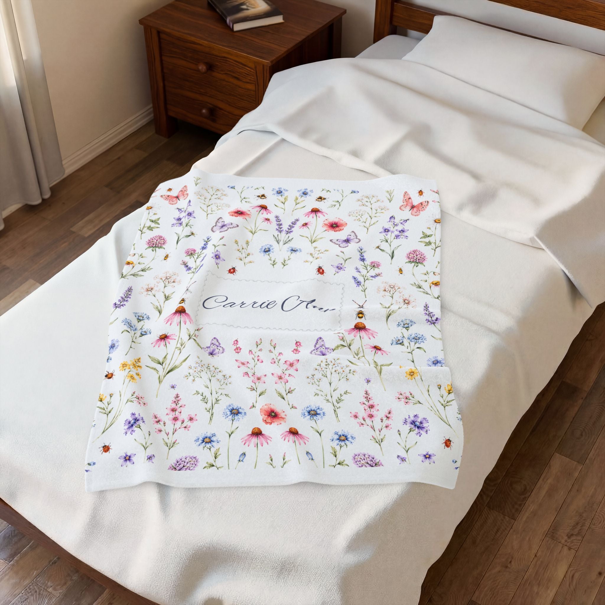 Personalized Watercolor Wildflower Butterfly Velveteen Plush Blanket, Personalized Name Blanket For Her, Custom Pastel Floral Blanket, Gift