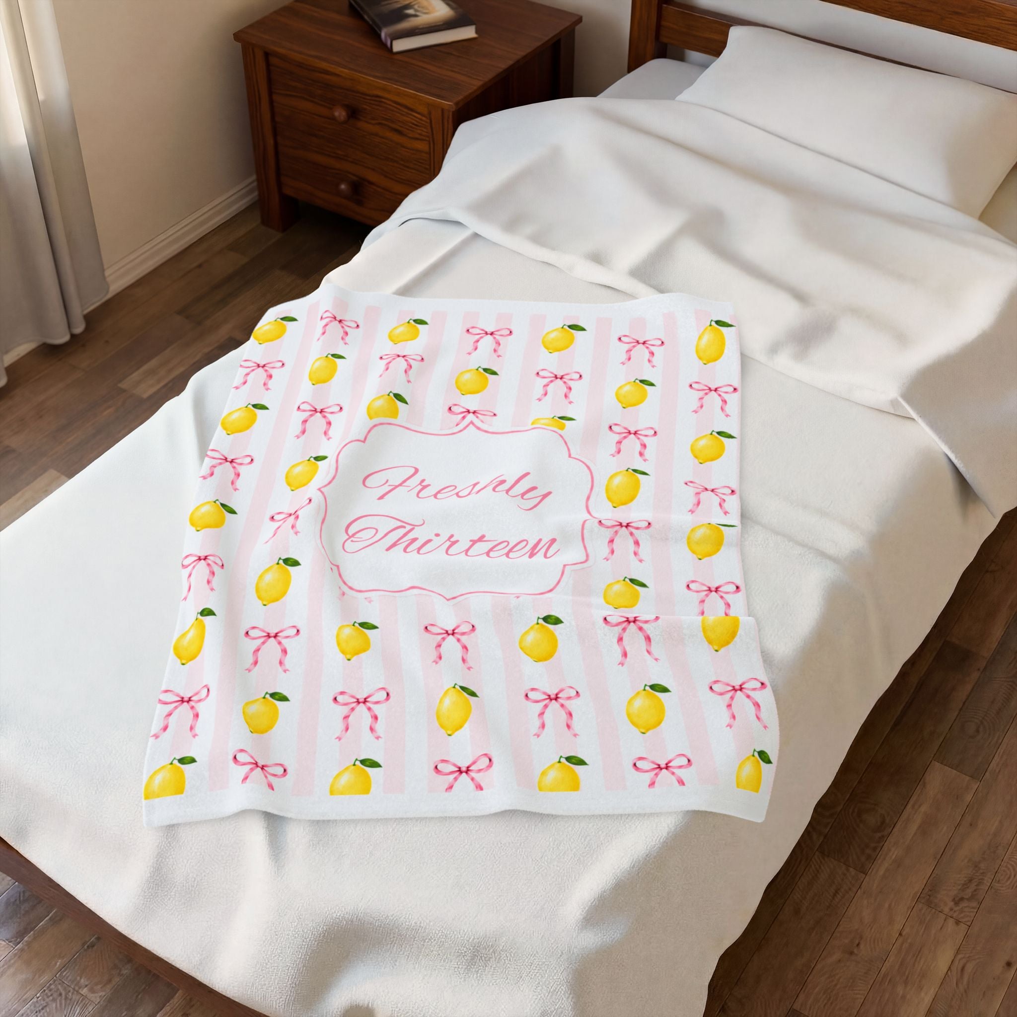 Freshly Thirteen Velveteen Plush Blanket | Thirteenth Birthday Lemon Bow Pattern Decor, 13th Birthday Backdrop, Officially A Teen Gift Idea