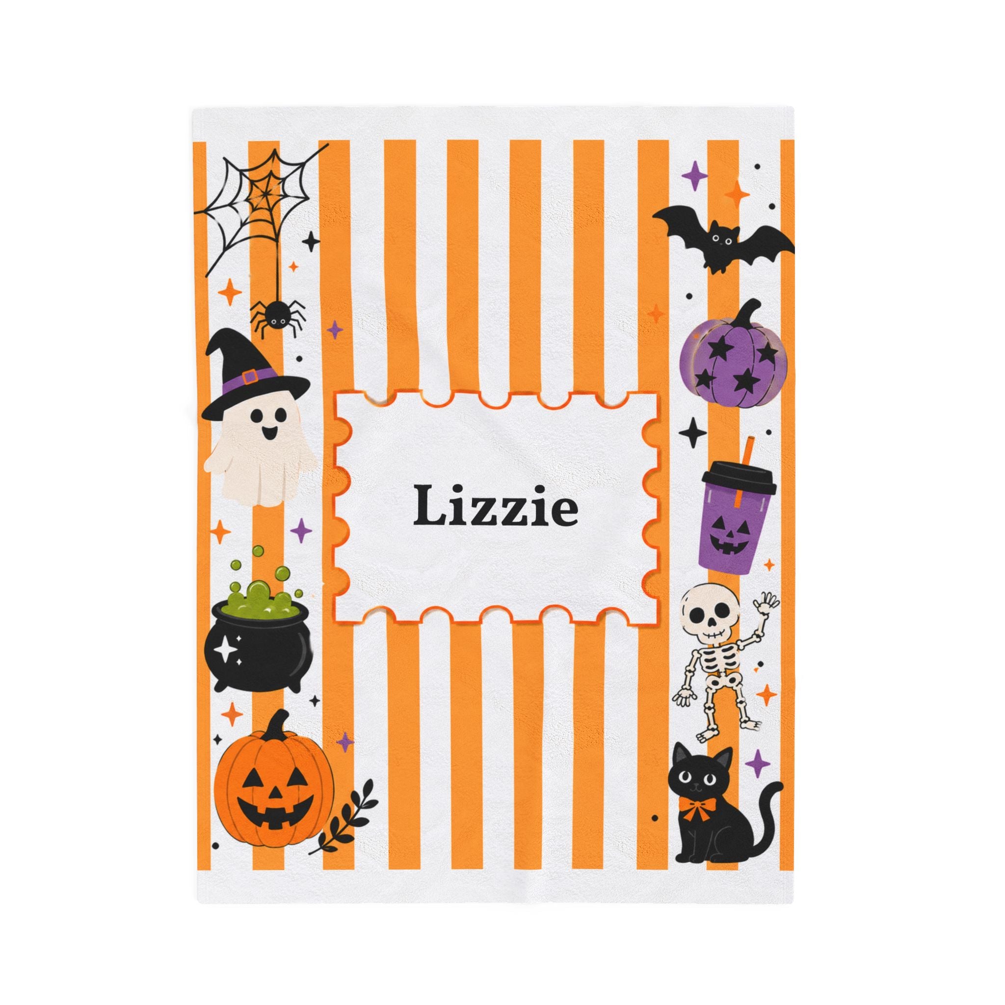 Personalized Halloween Stripe Plush Blanket For Kid, Cute Ghost Pumpkin Cat Bat Skeleton Blanket, Halloween Name Blanket, Kid Halloween Gift