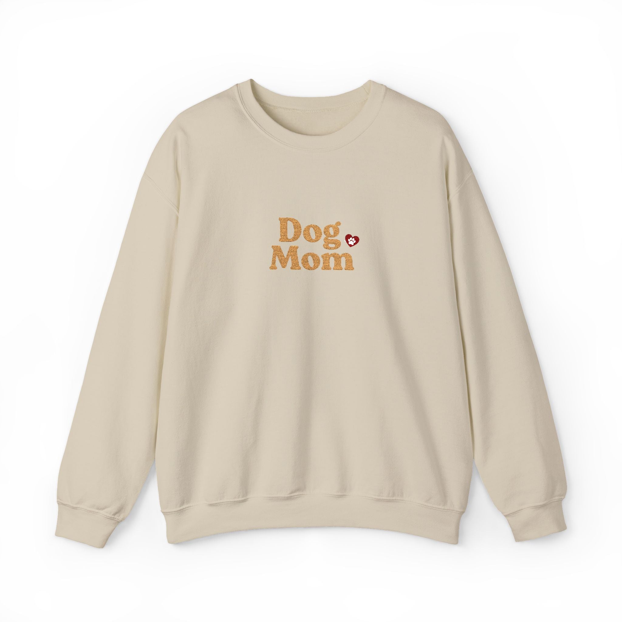 Dog Mom Embroidered Crewneck Sweatshirt with Paw Print Heart Design, Cozy Gift for Dog Moms and Mamas