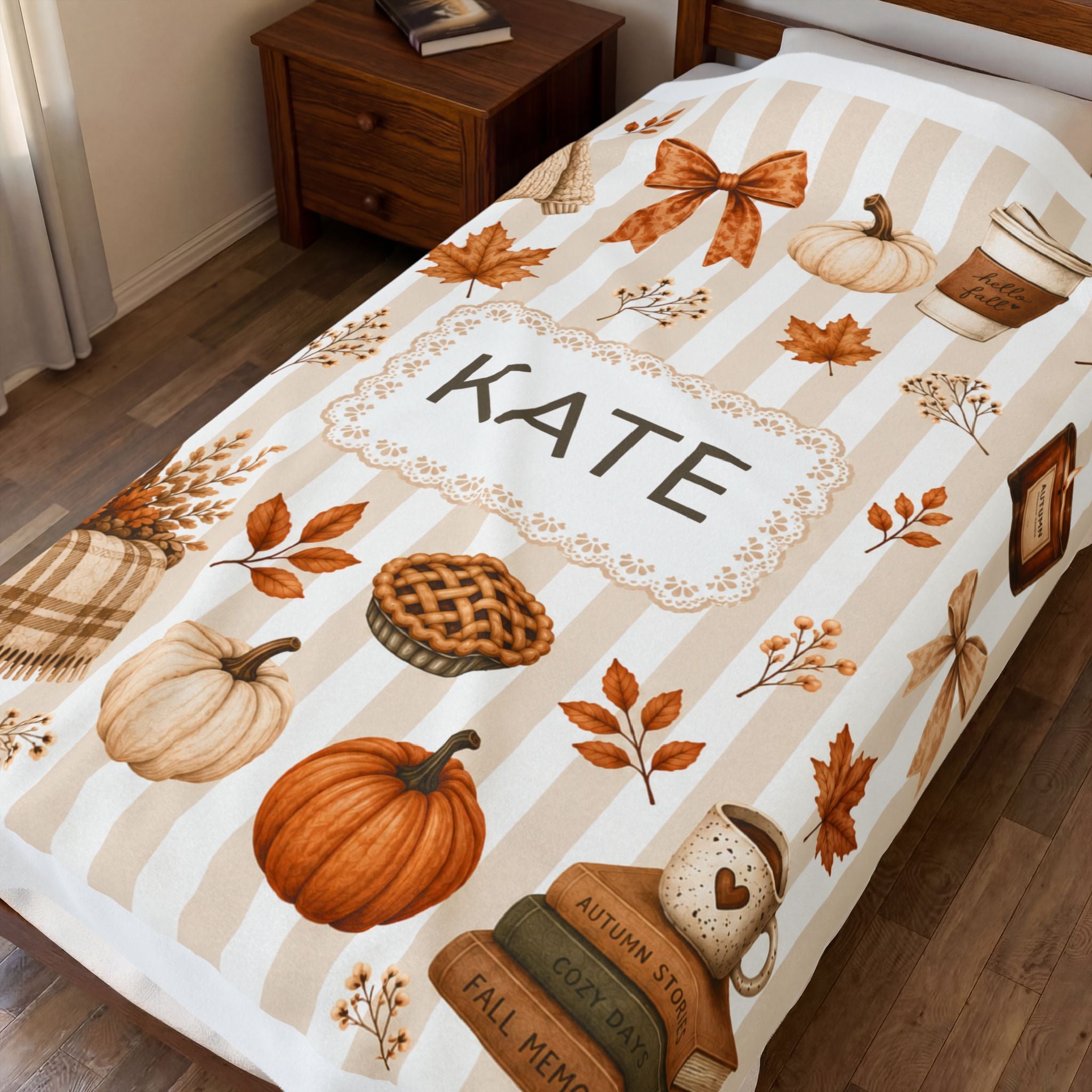 Personalized Autumn Dorm Blanet For College Girl, Custom Name Cozy Velveteen Blanket For Her, Aesthetic Fall Pumpkin Cozy Blanket, Dorm Gift