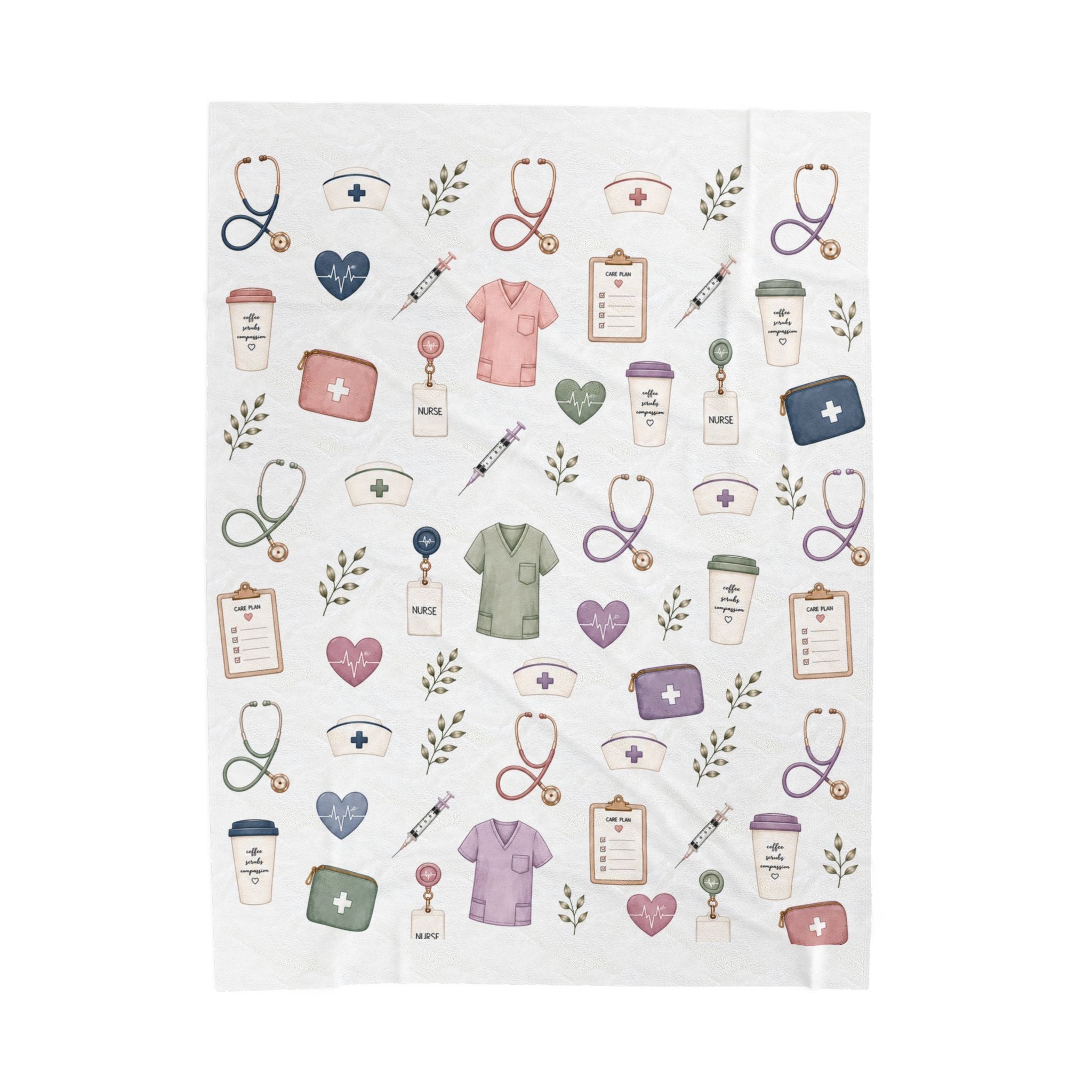 Cute Nurse Pattern Velveteen Plush Blanket | Medical Scrubs, Stethoscopes, Syringes