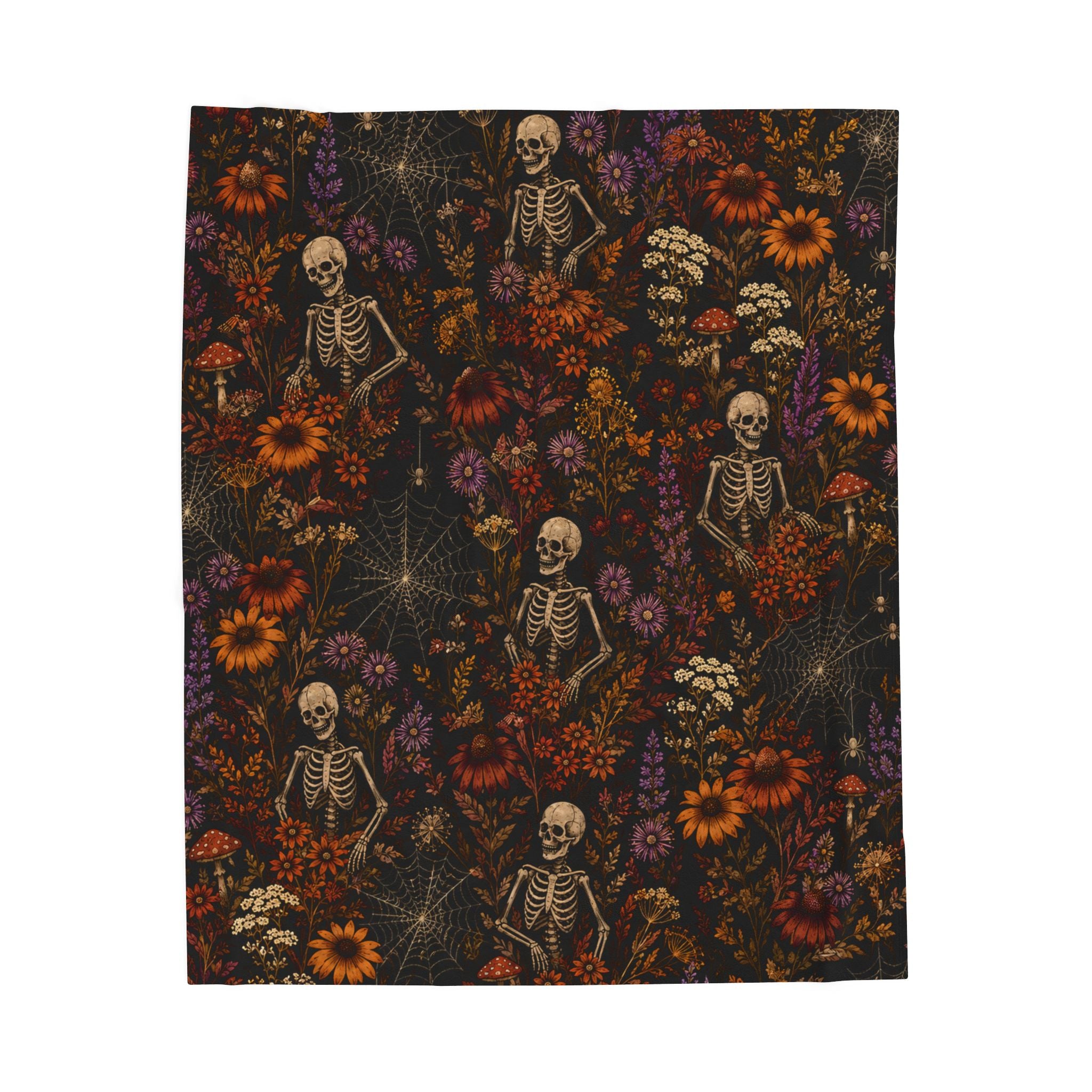 Spooky Autumn Floral Pattern Velveteen Plush Blanket, Spooky Wildflower Blanket, College Dorm Room Halloween Decor, Spooky Fall Room Decor