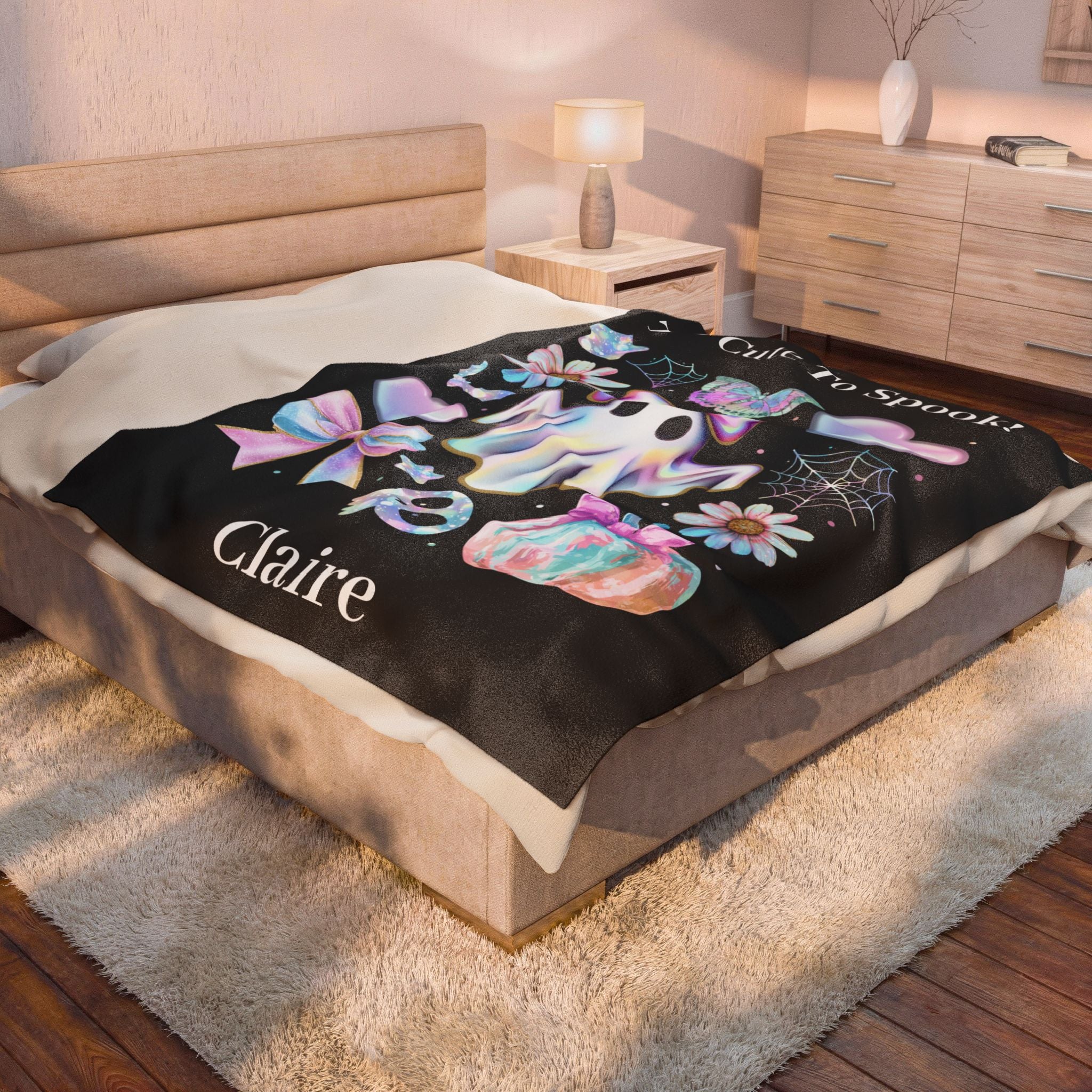 Personalized Pastel Ghost Blanket, Cute Pink Halloween Throw, Girly Spooky Season Gift, Custom Name Cozy Pink Ghost Blanket For Girl, Gift