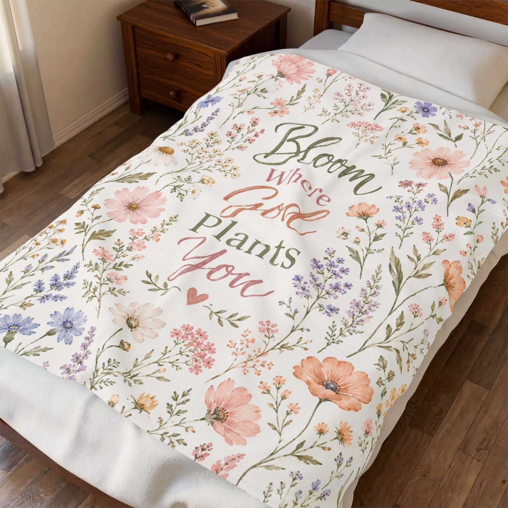 Bloom Where God Plants You Velveteen Plush Blanket | Floral Scripture Throw