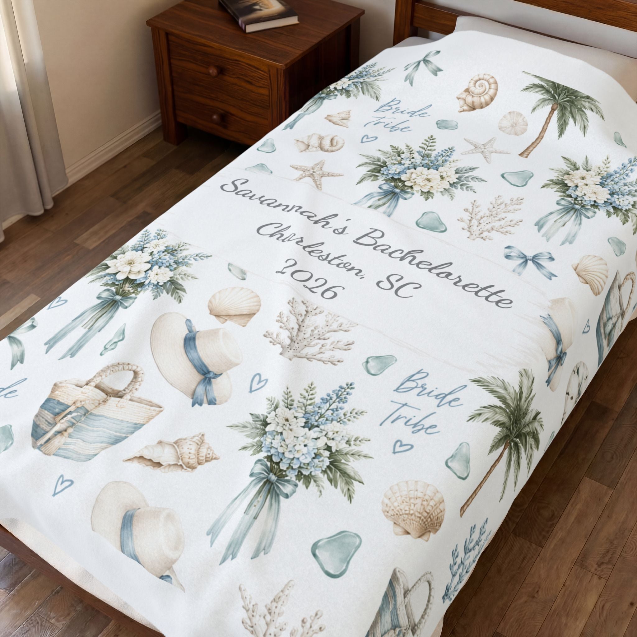 Personalized Coastal Bride Tribe Floral Plush Blanket, Custom Coastal Bachelorette Party Blanket, Matching Preppy Beach Bach Gift,Charleston