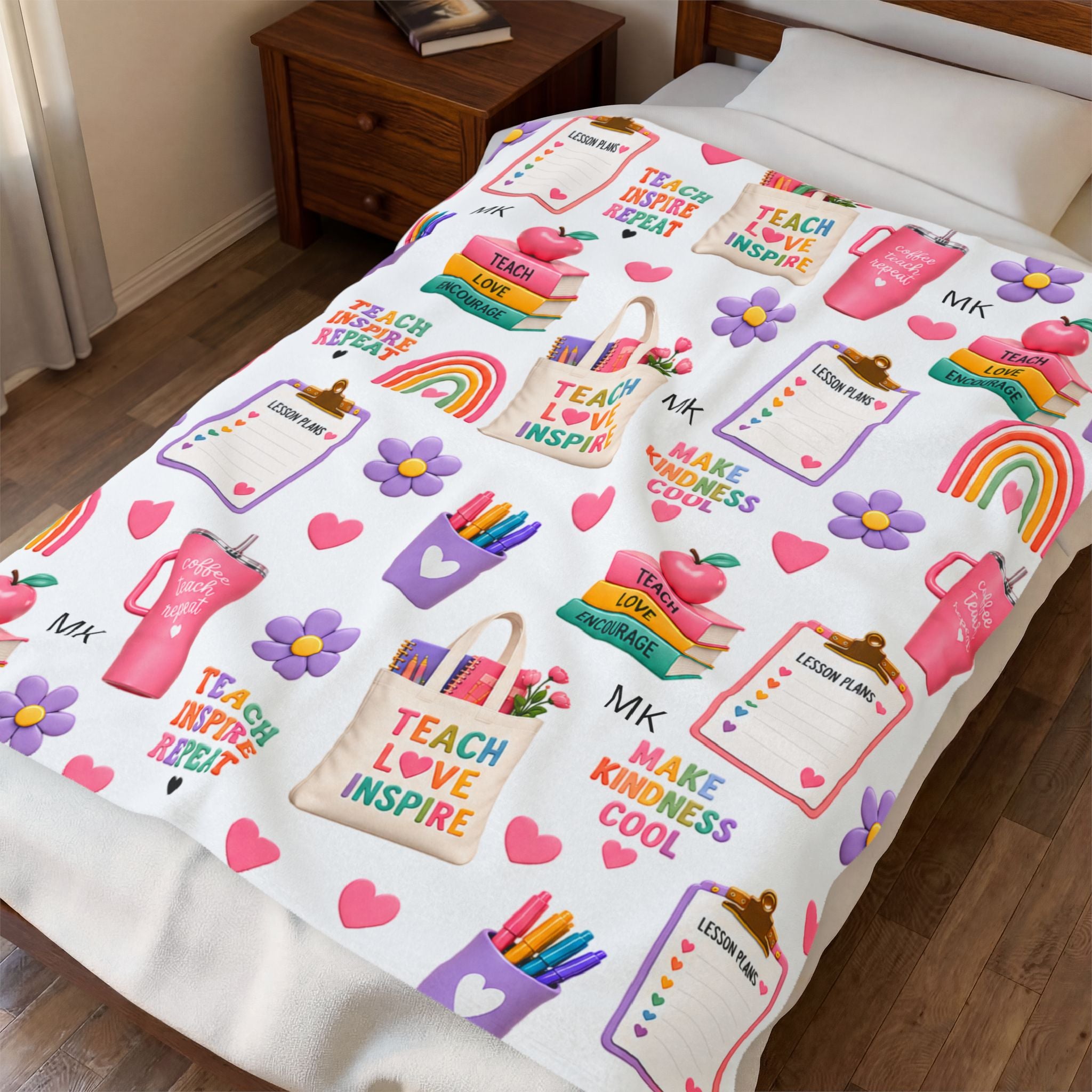 Teacher Themed Pattern Velveteen Plush Blanket | Teach Love Inspire, Rainbows, School Supplies