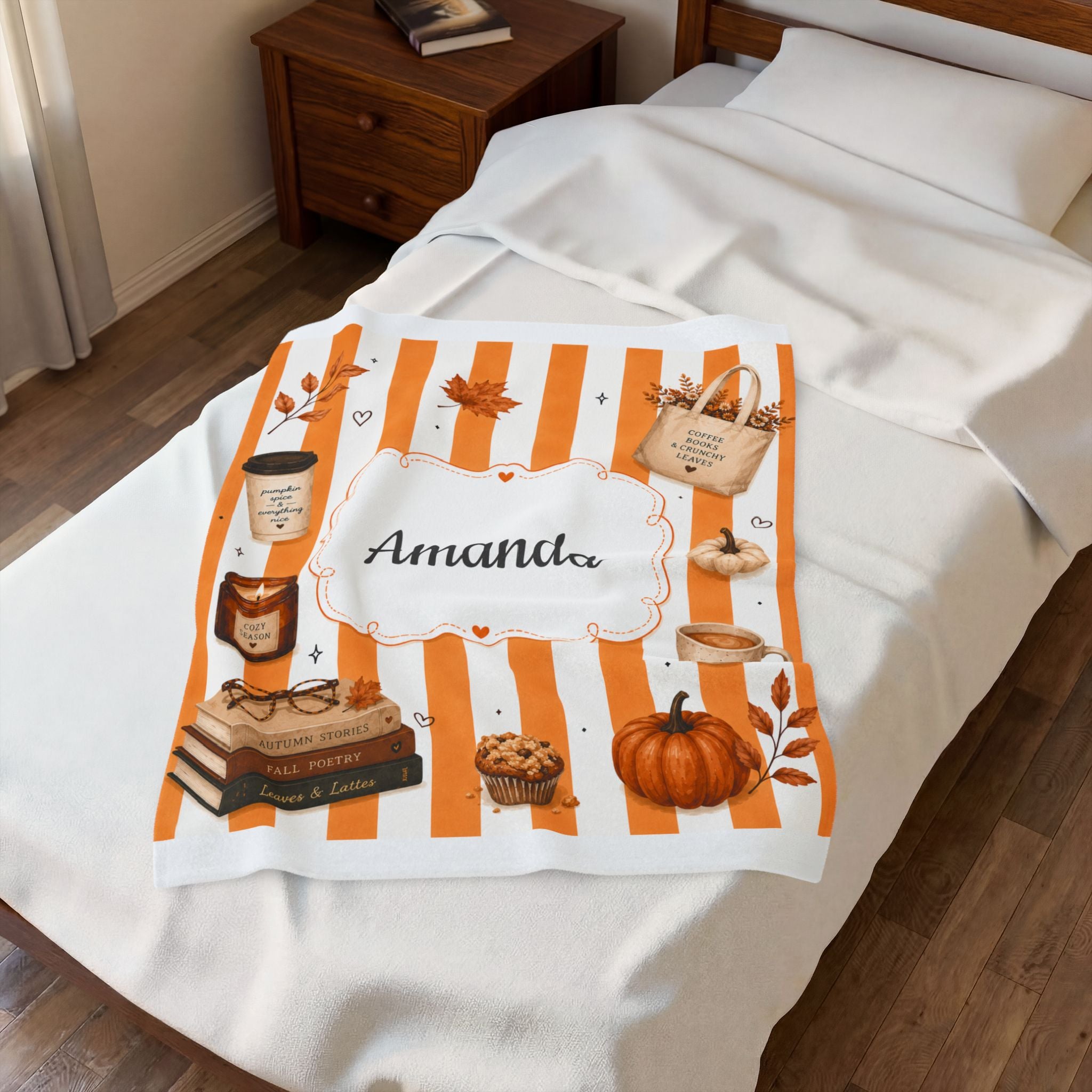 Personalized Autumn Cozy Velveteen Plush Blanket | Personalized Name Fall Throw