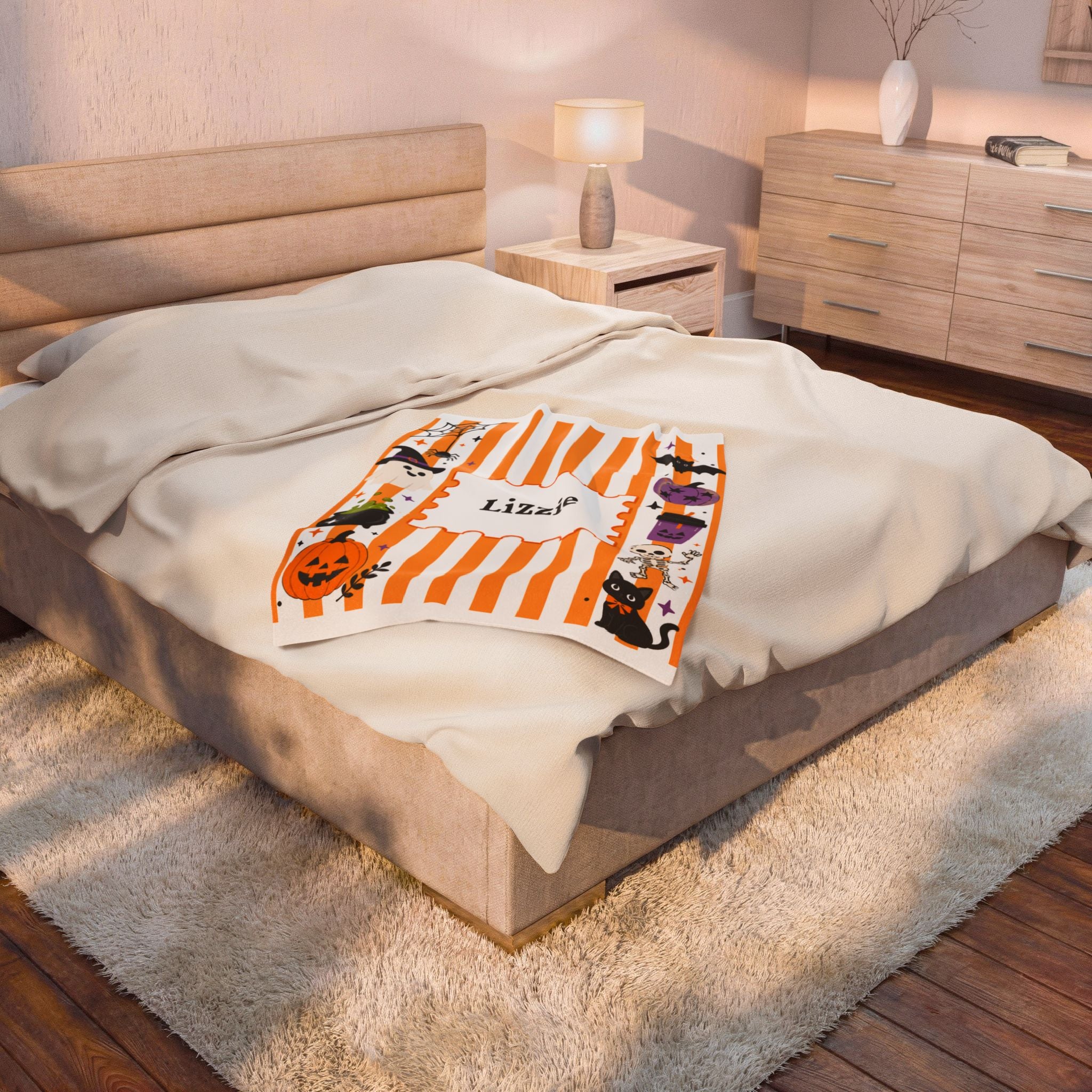 Personalized Halloween Stripe Plush Blanket For Kid, Cute Ghost Pumpkin Cat Bat Skeleton Blanket, Halloween Name Blanket, Kid Halloween Gift