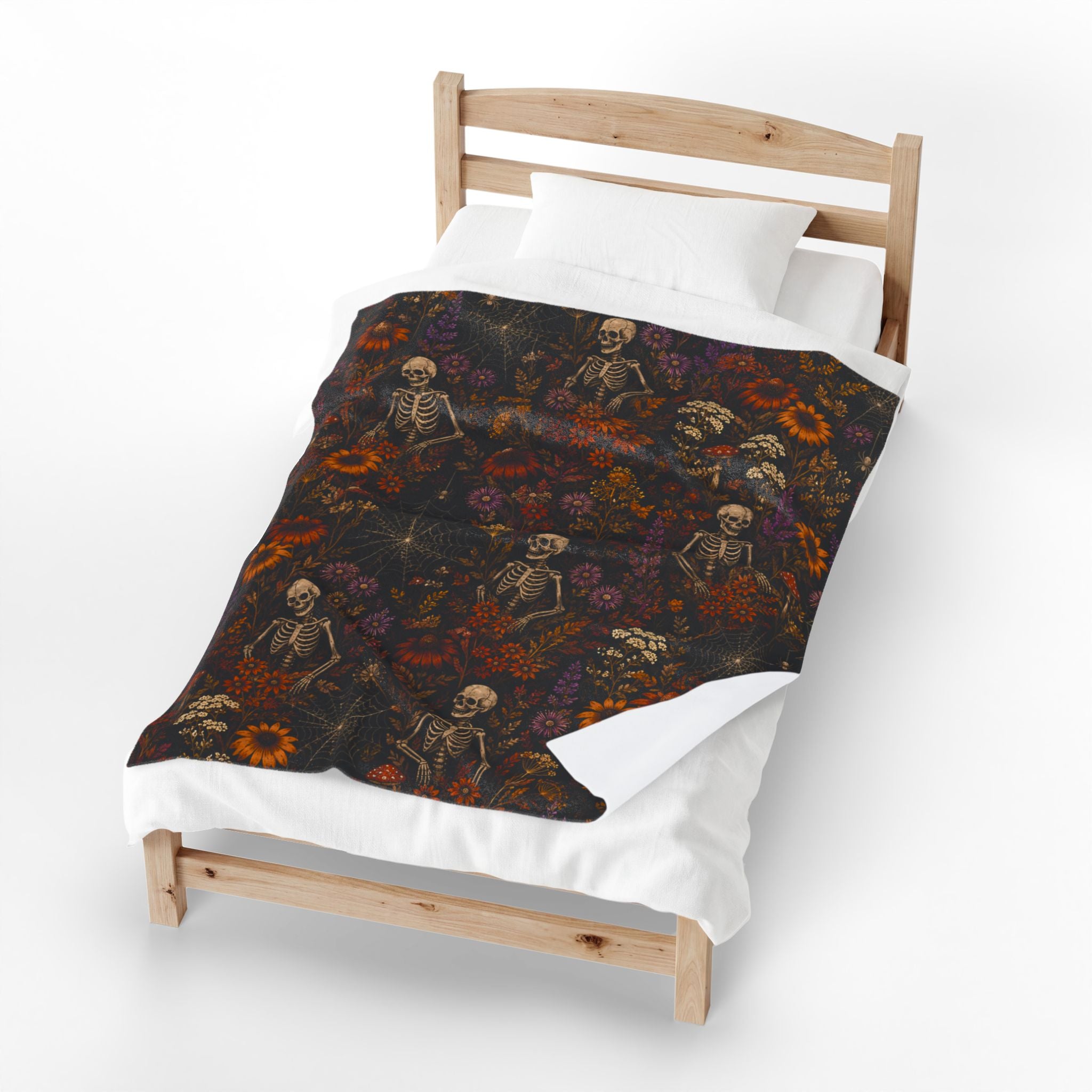 Spooky Autumn Floral Pattern Velveteen Plush Blanket, Spooky Wildflower Blanket, College Dorm Room Halloween Decor, Spooky Fall Room Decor