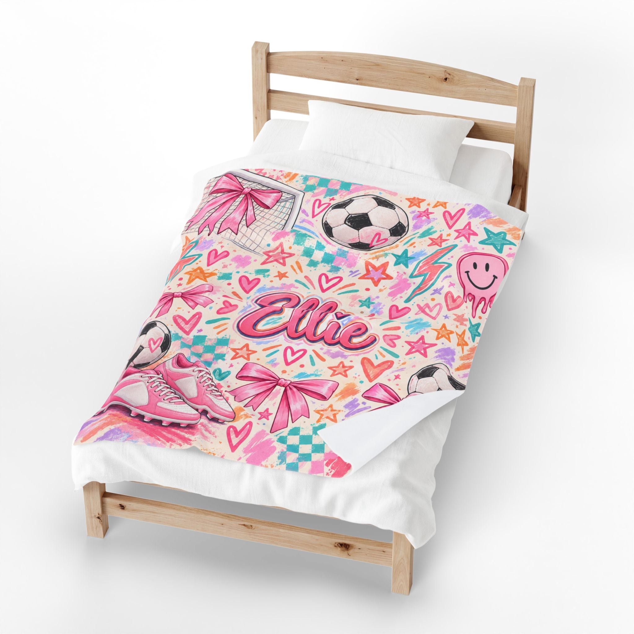 Personalized Soccer Bow Name Velveteen Plush Blanket For Girl | Custom Name Soccer Blanket Gift For Girl