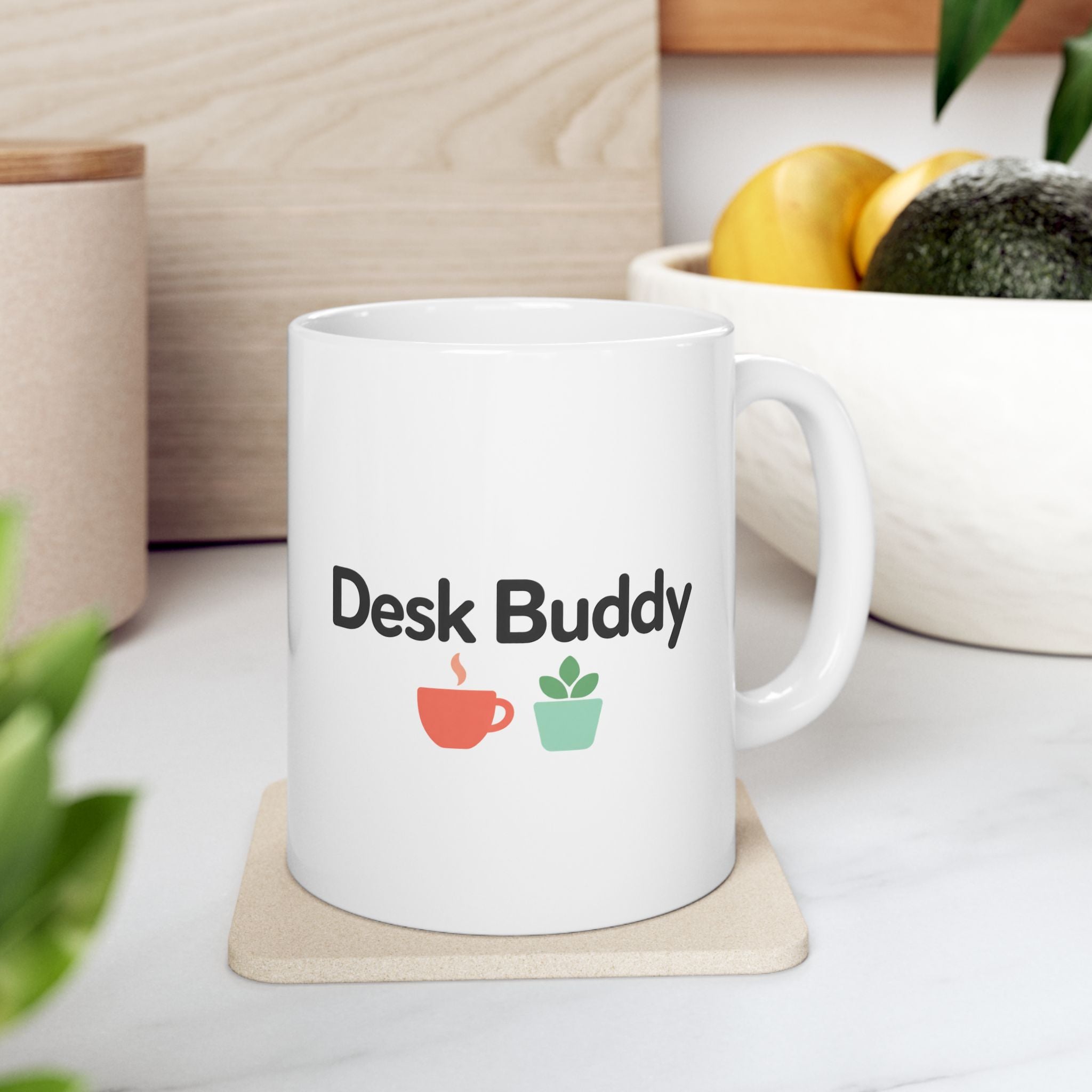 Desk Buddy Coffee Mug, White Ceramic Mug with Coffee Cup and Plant Design, Office Gift Mug for Coworkers